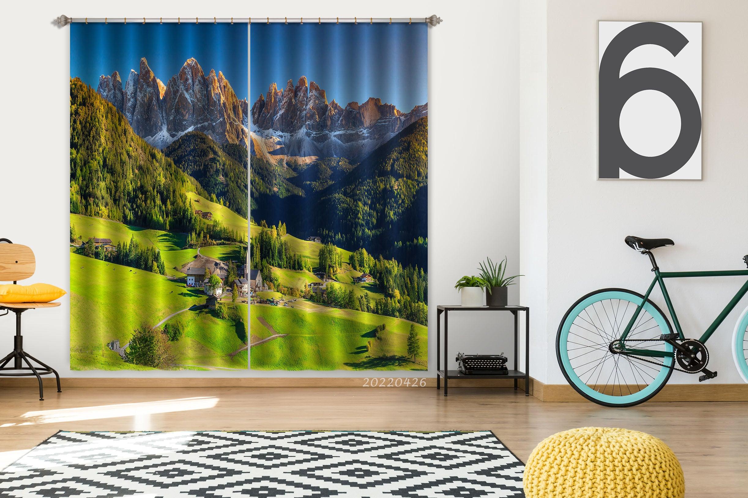 3D Landscape Mountain Peak Forest Green Trees Meadow Curtains and Drapes GD 4901- Jess Art Decoration