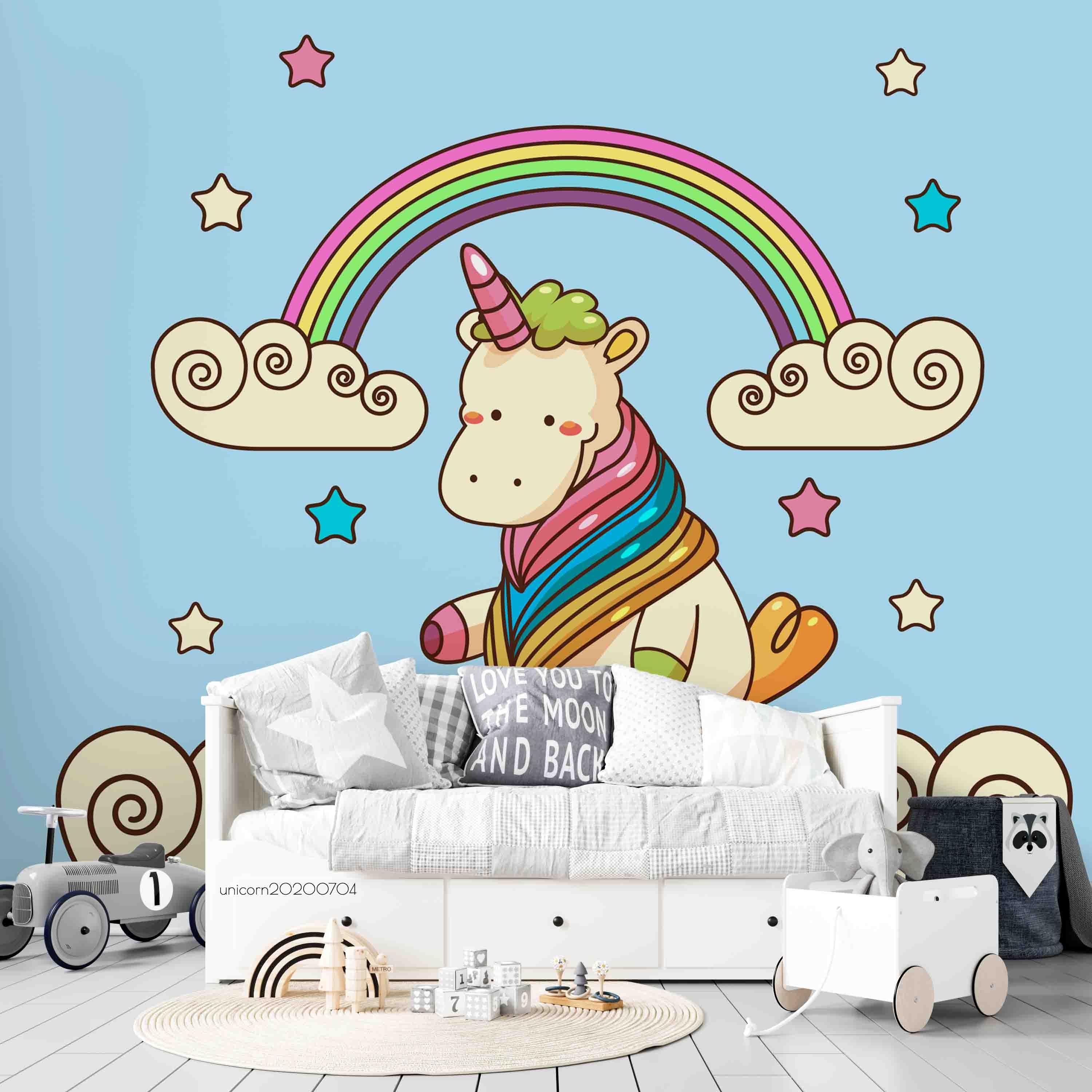 3D Blue Rainbow Sky Cloud Unicorn Wall Mural Wallpaper A222 LQH- Jess Art Decoration