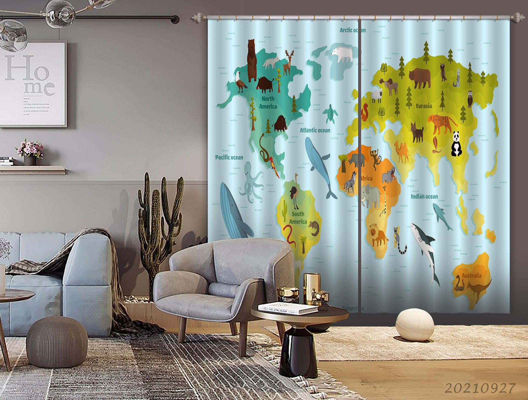 3D Blue World Map Kids Curtains and Drapes LQH 166- Jess Art Decoration
