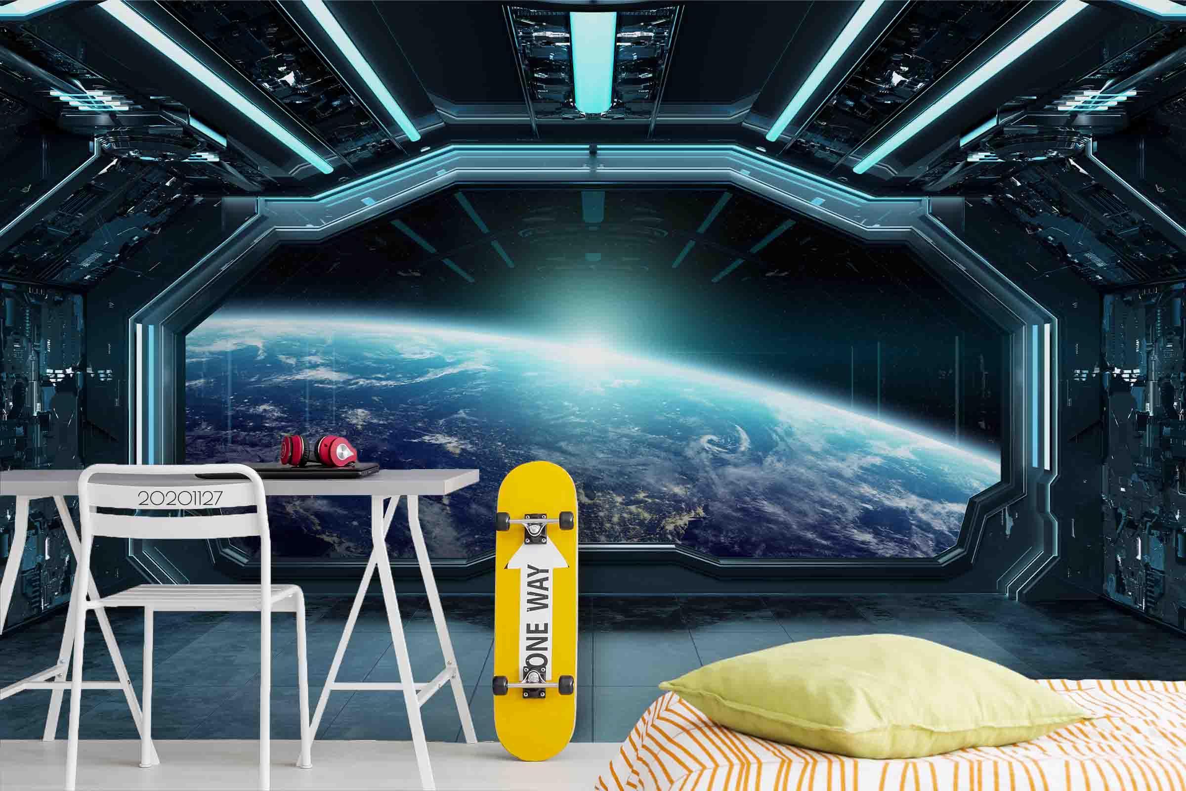 3D Space Dark Blue Spaceship Futuristic Interior Window View Planet Earth Mural Wallpaper LXL- Jess Art Decoration