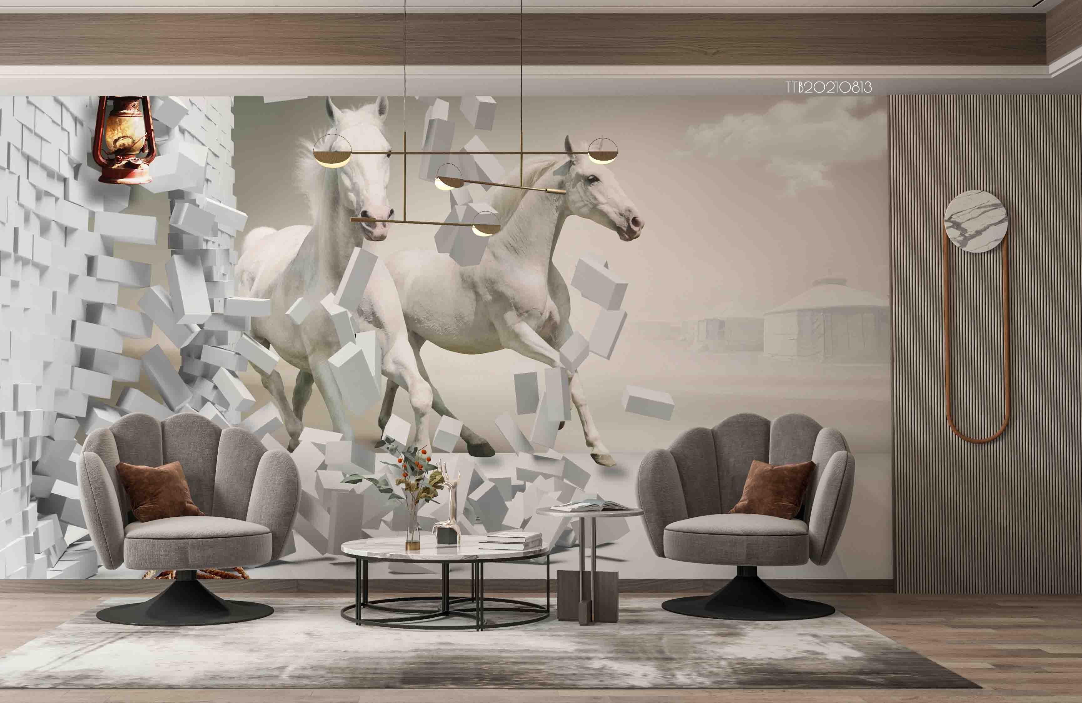 3D Stereo White Horse Brick Wall Mural WallpaperSWW5136- Jess Art Decoration