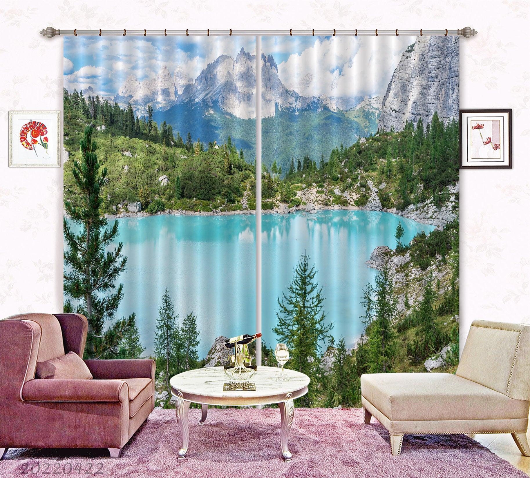 3D Landscape Peak Forest Green Trees Lake Curtains and Drapes GD 4260- Jess Art Decoration