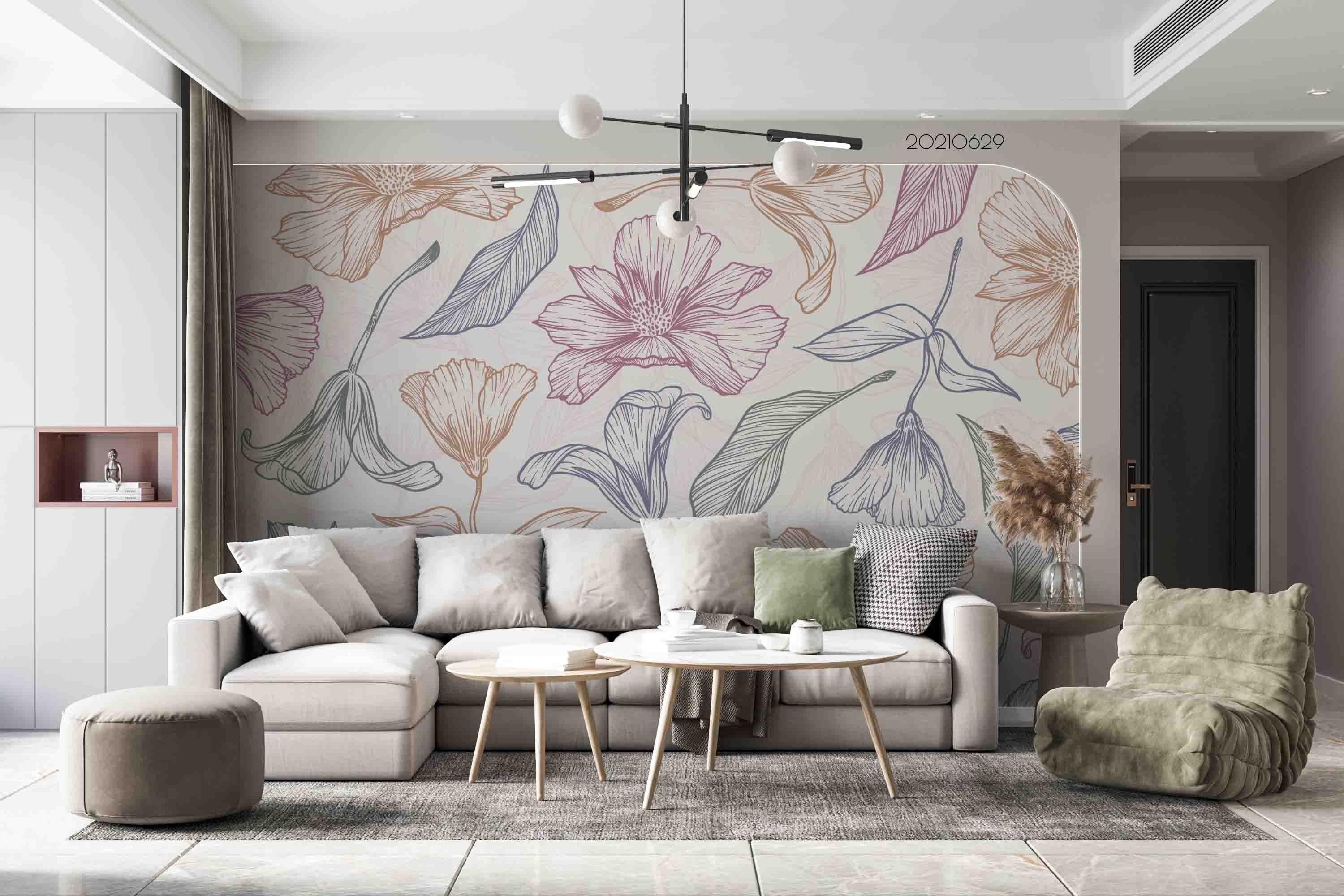 3D Hand Drawn Floral Leaves Wall Mural Wallpaper LQH 24- Jess Art Decoration