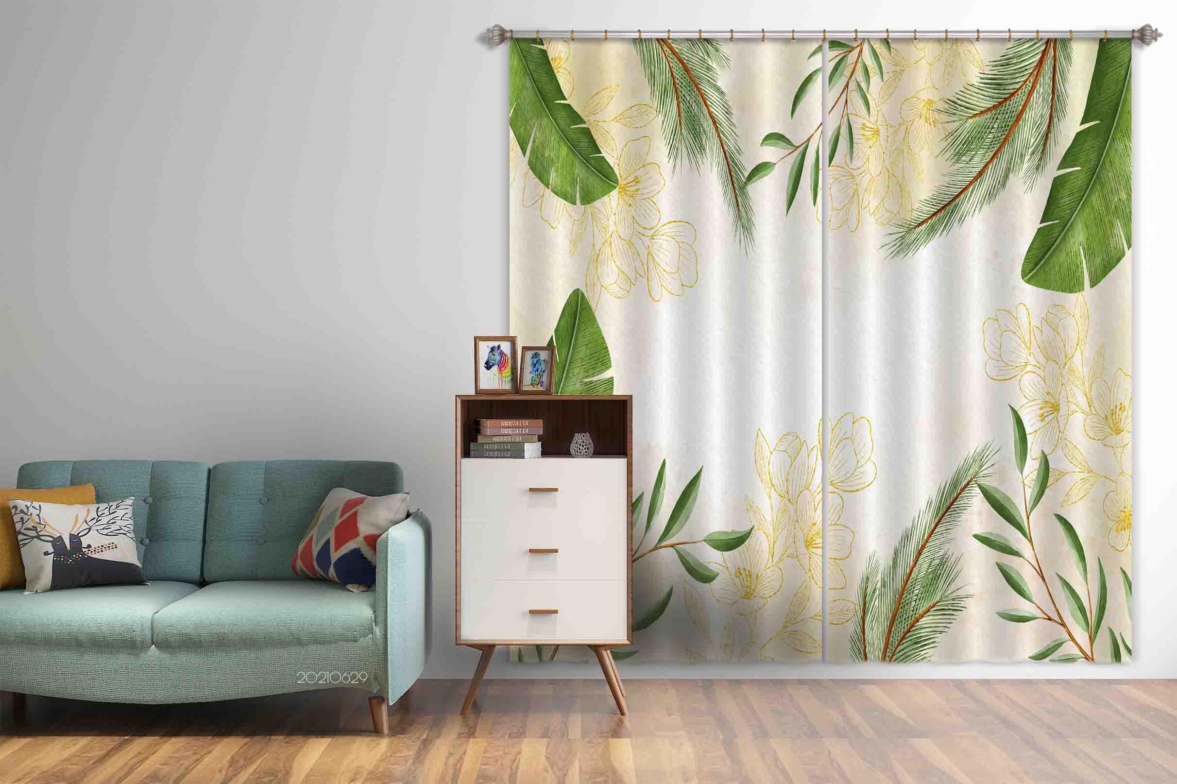 3D Watercolor Tropical Floral Plant Leaf Green Curtains and Drapes LLL 343- Jess Art Decoration