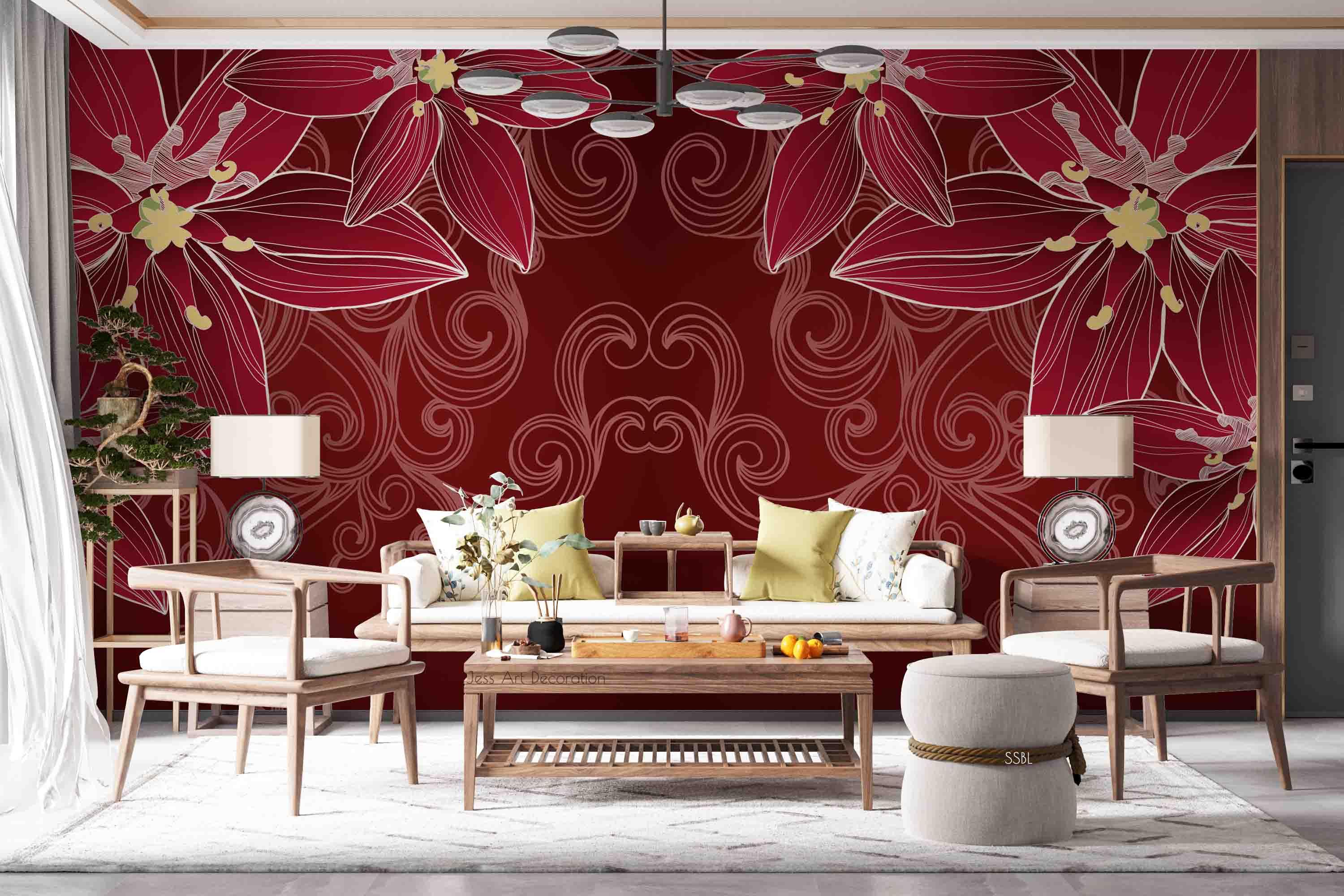 3D Abstract Vintage Red Lily Floral Pattern Wall Mural Wallpaper GD 3652- Jess Art Decoration