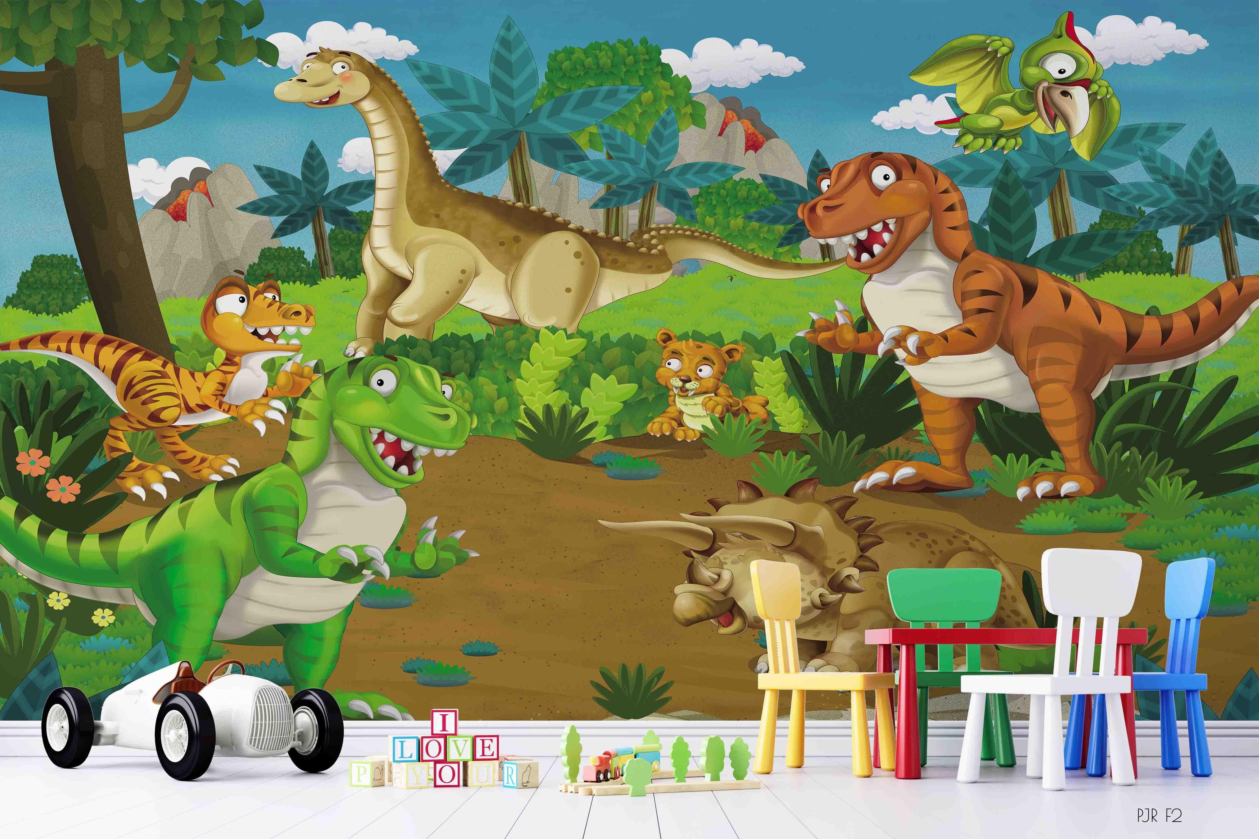 3D Dinosaur Tigers Jungle cartoon dinosaur jungle mural wall mural wallpaper for playroom - view 4