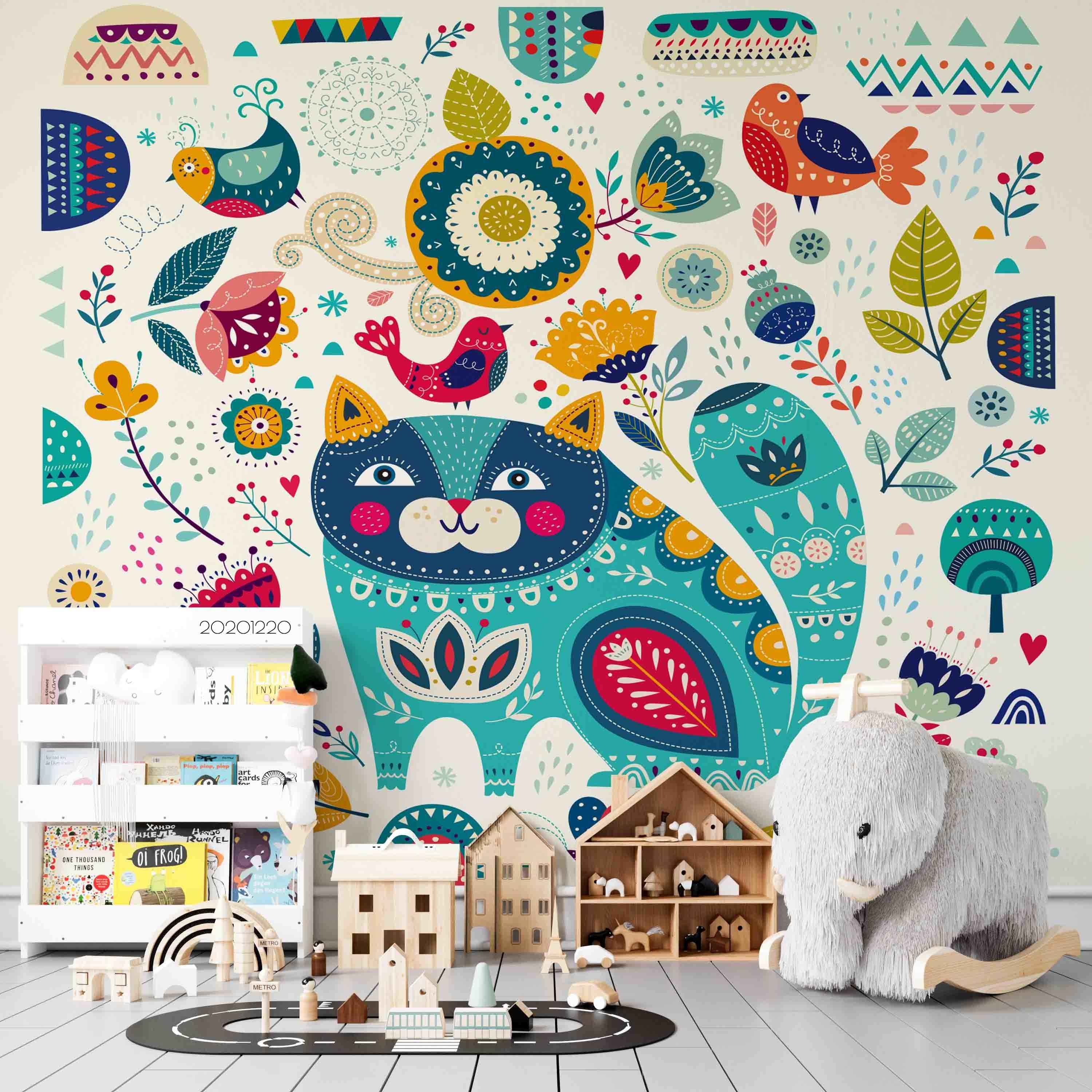 3D Hand Drawn Animal Cat Bird Floral Wall Mural Wallpaper LQH 146- Jess Art Decoration