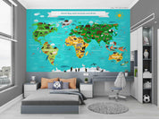 3D World Map Animal Green Blue Wall Mural Wallpaper GD 2647- Jess Art Decoration