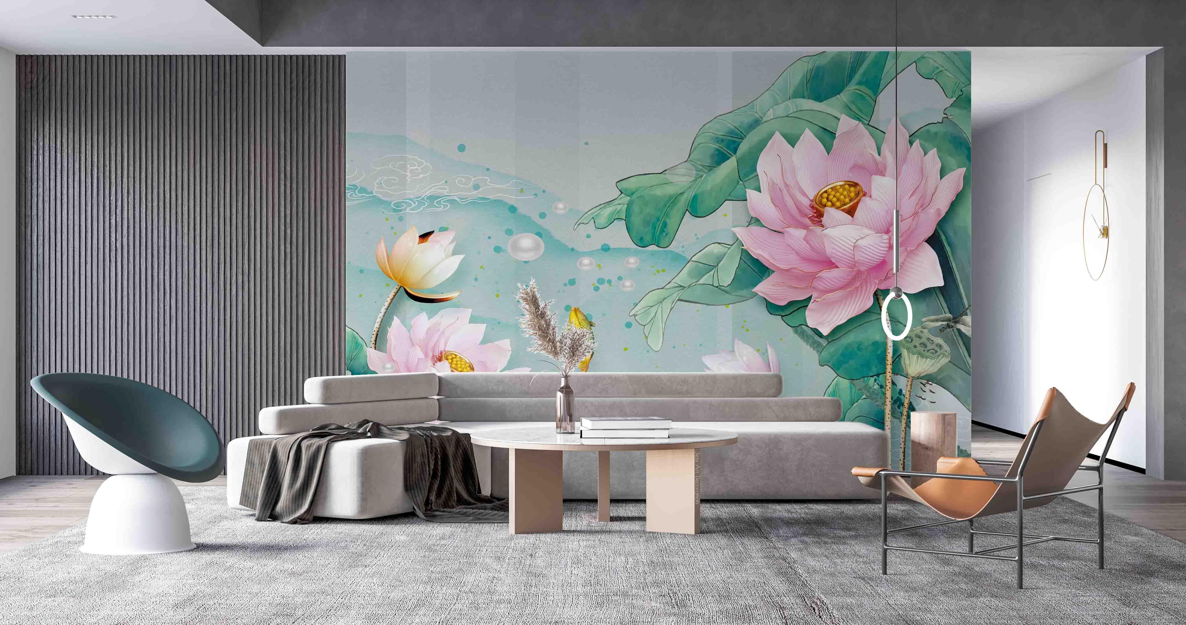 3D New Chinese Style Pink Lotus Leaf Pearl Gold Carp Wall Mural Wallpaper GD 2820- Jess Art Decoration