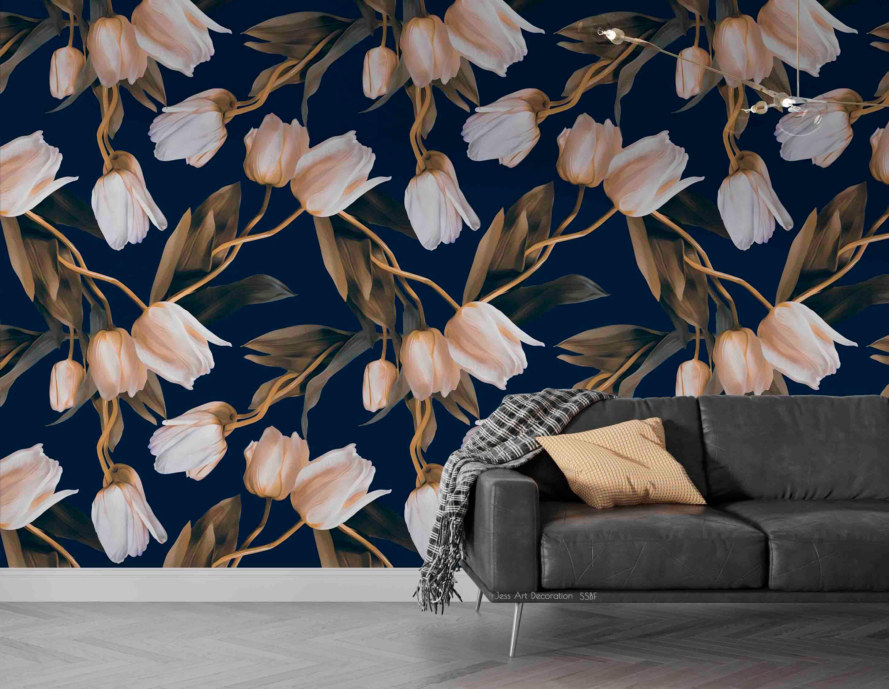 3D Vintage Idyllic Tulips Flowers Leaves Watercolor Wall Mural Wallpaper GD 3609- Jess Art Decoration