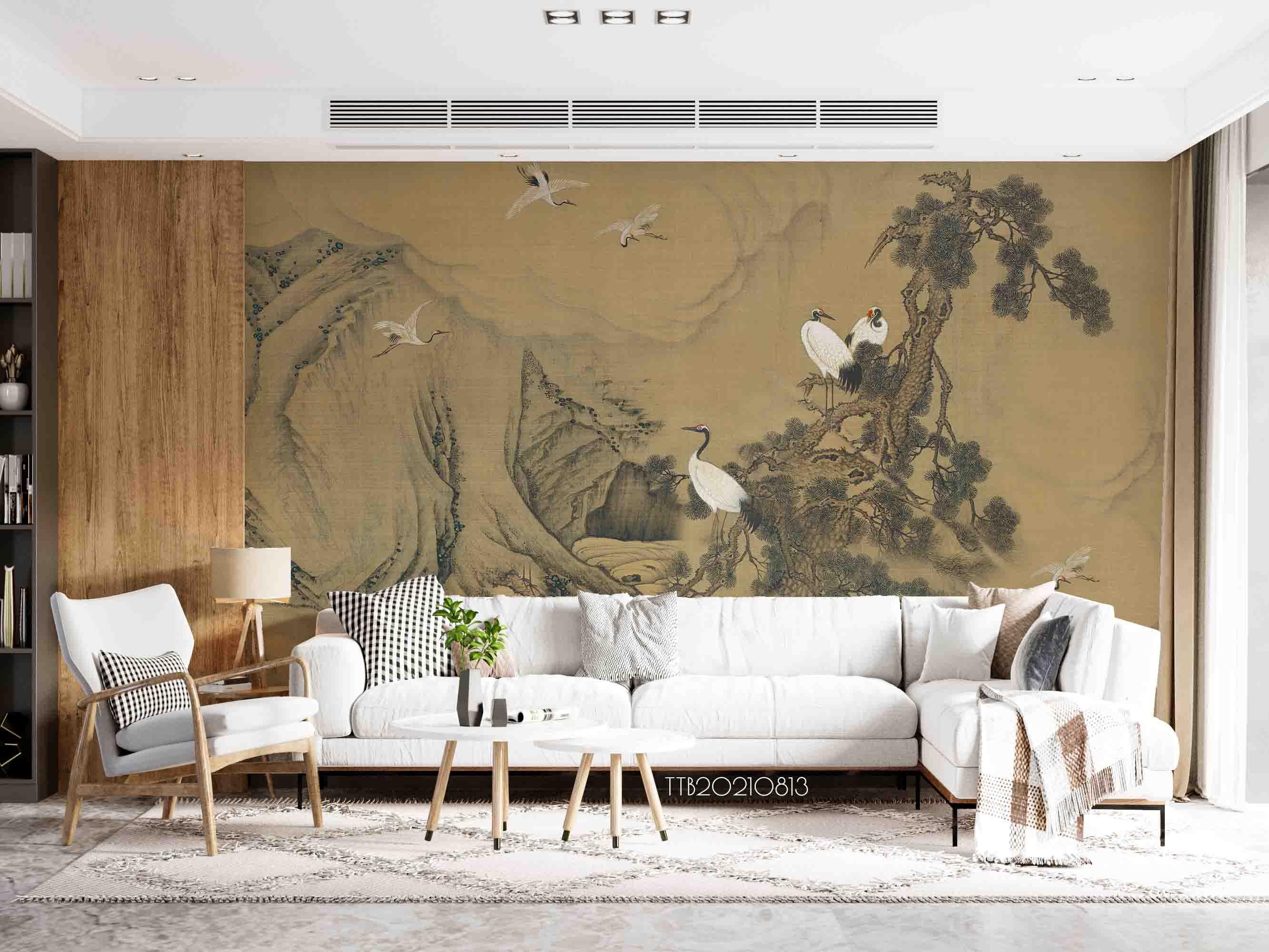 3D Chinese Style Pine Trees Crane Wall Mural WallpaperSWW5130- Jess Art Decoration