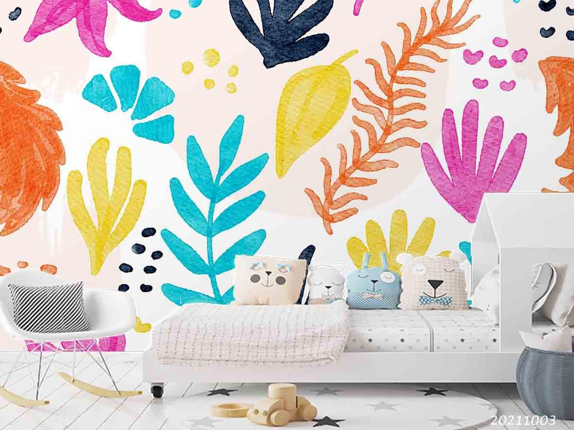 3D Hand Drawn Colored Leaves Wall Mural Wallpaper LQH 428- Jess Art Decoration