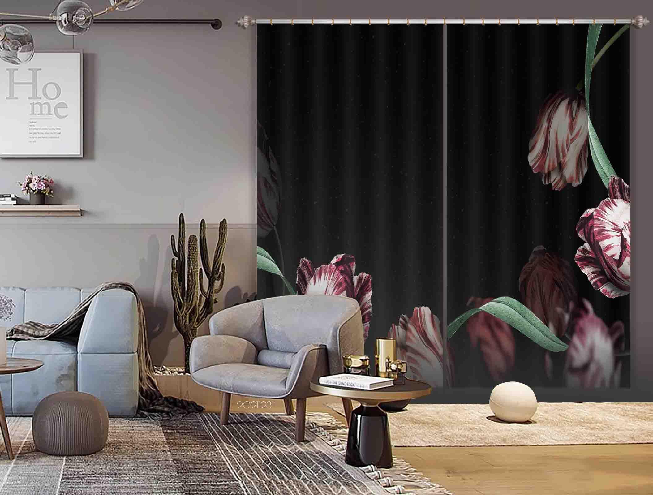 3D Retro Pink Tulip Black Curtains and Drapes GD 20- Jess Art Decoration