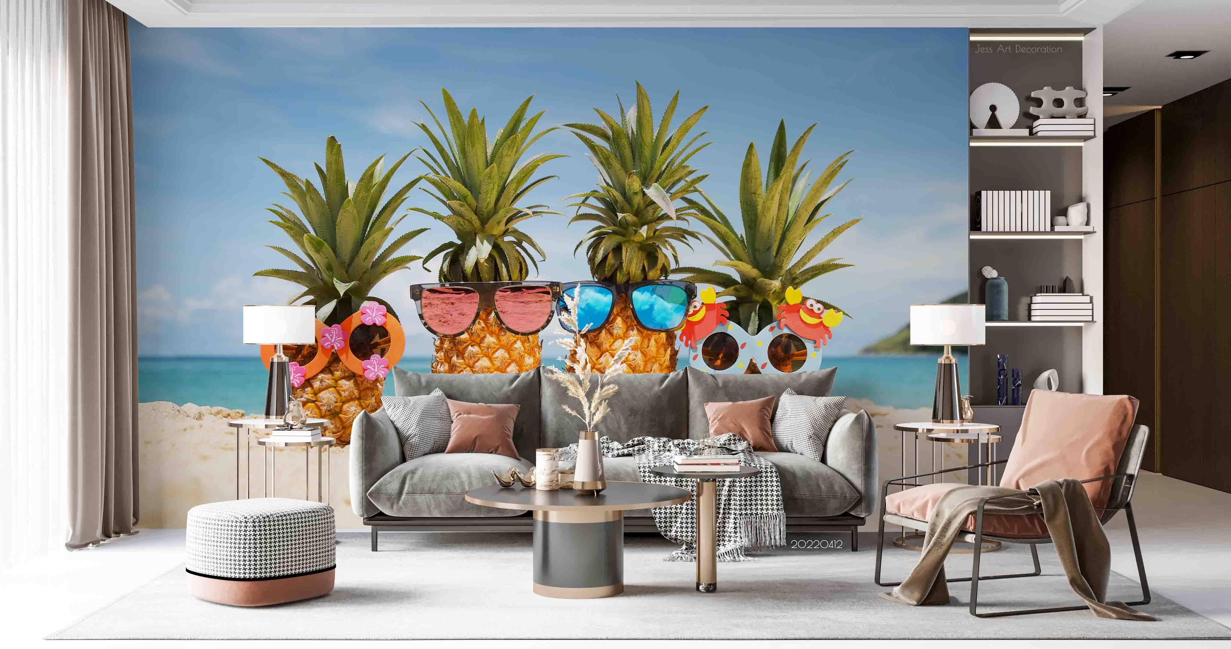 3D Pineapple Wear Glasses Sea Beach Wall Mural Wallpaper GD 3932- Jess Art Decoration