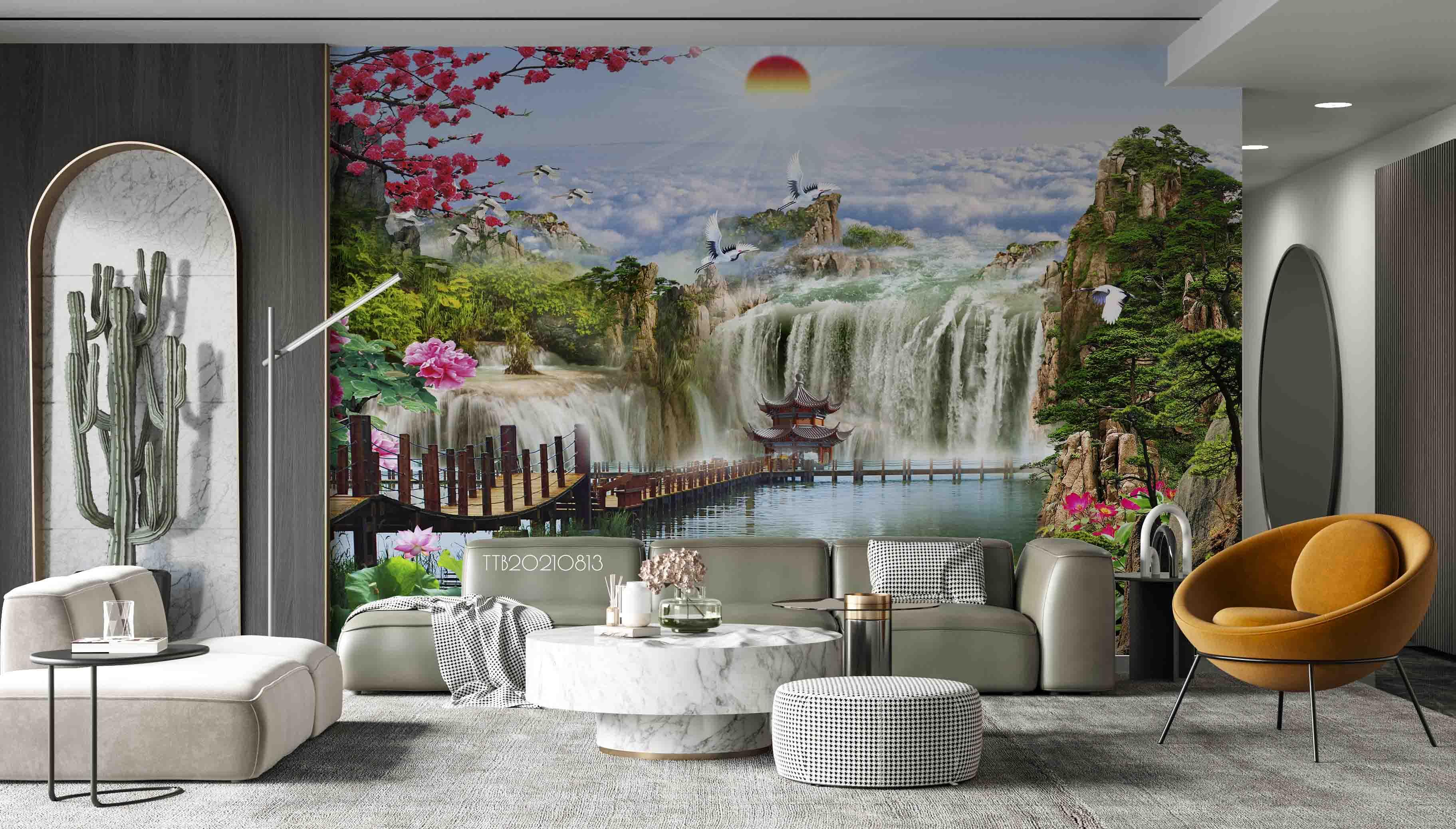 3D Chinese Style Landscape Painting Waterfall Wall Mural WallpaperSWW5100- Jess Art Decoration