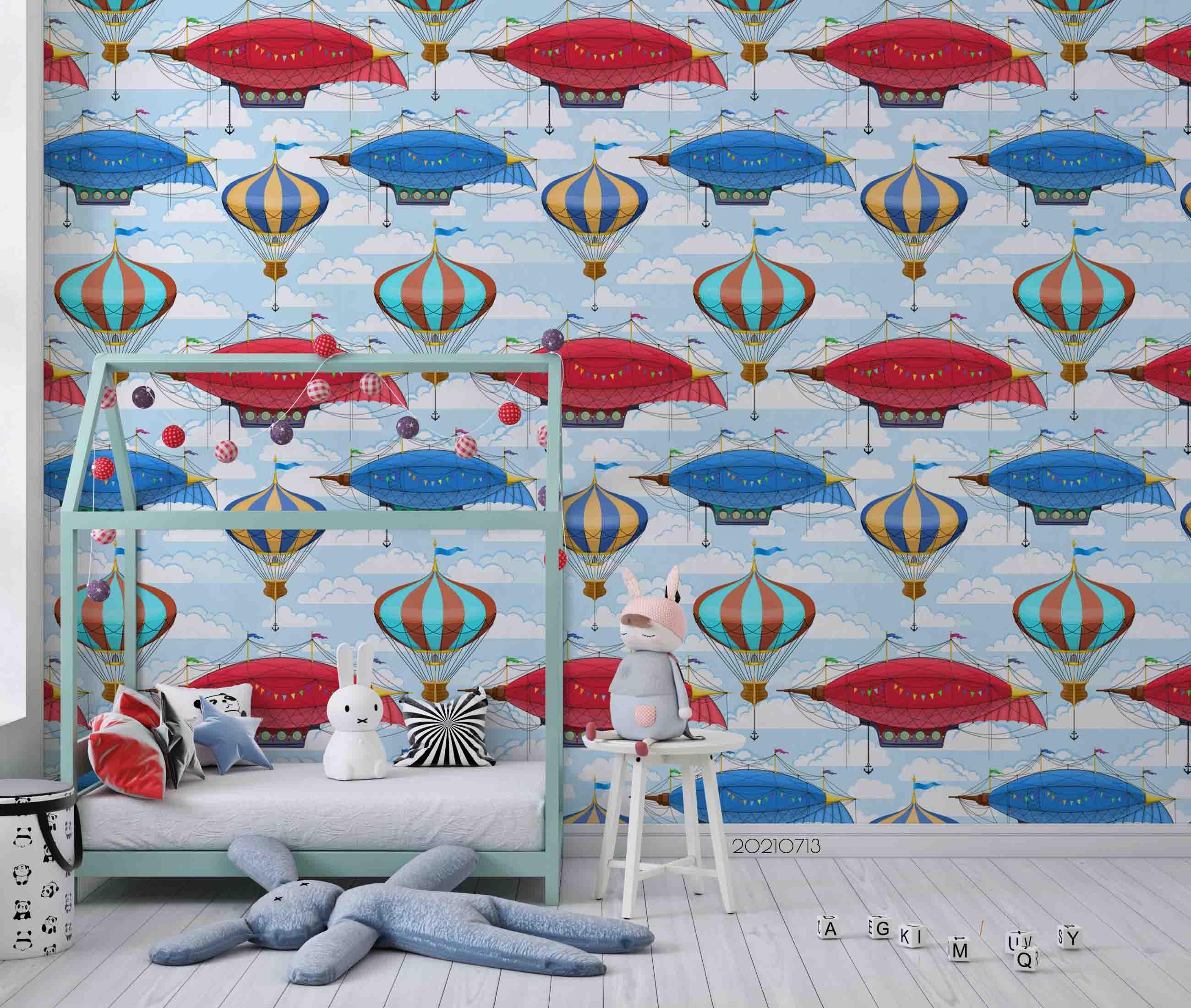 3D Hand Drawn Hot Air Balloon Spaceship Wall Mural Wallpaper LQH 136- Jess Art Decoration