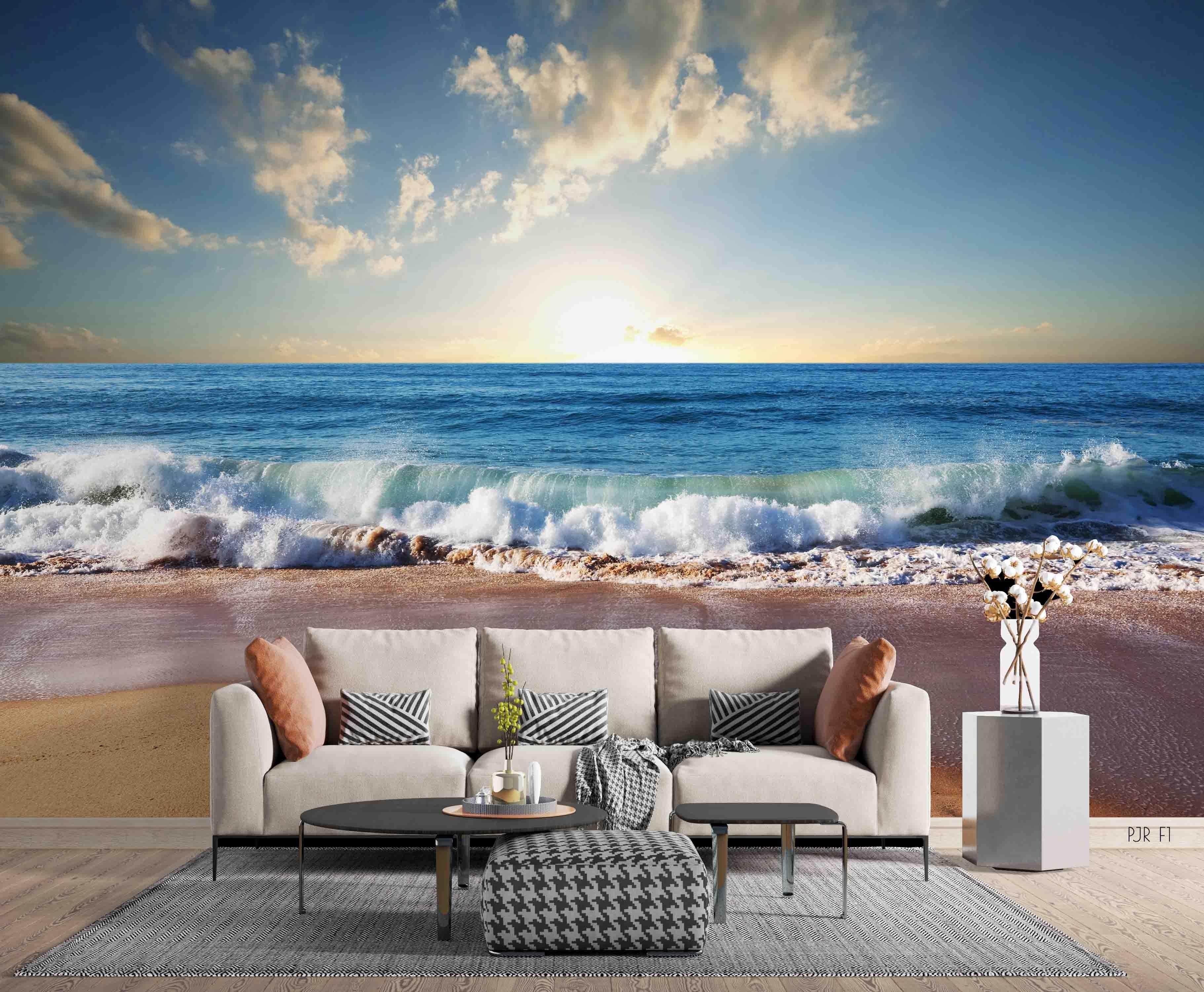 3D Seaside Sunset Waves sunset ocean wave landscape wall mural wallpaper for bedroom - view 4