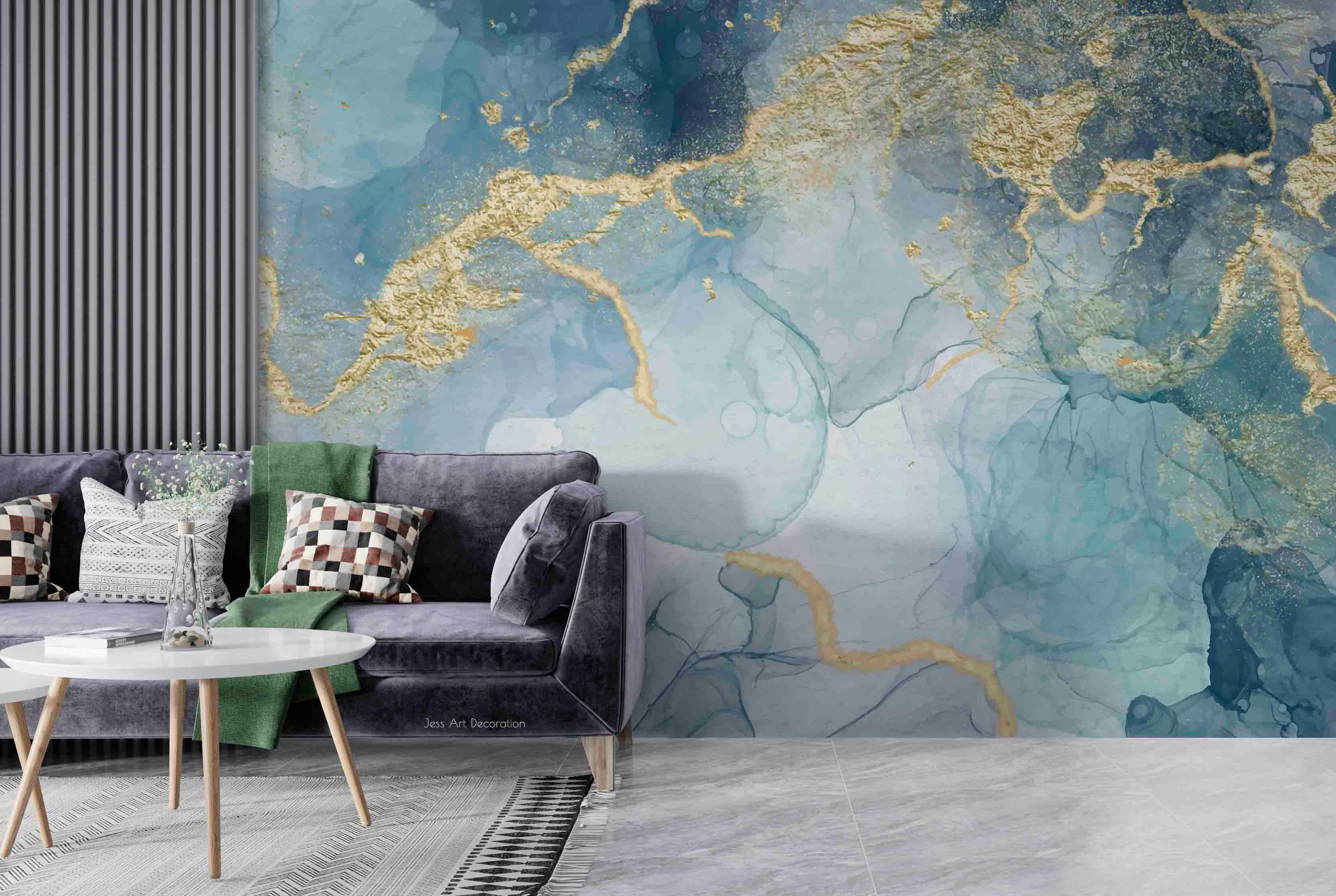 3D Blue Gold Marble blue gold marble texture wall mural wallpaper for living room - view 4