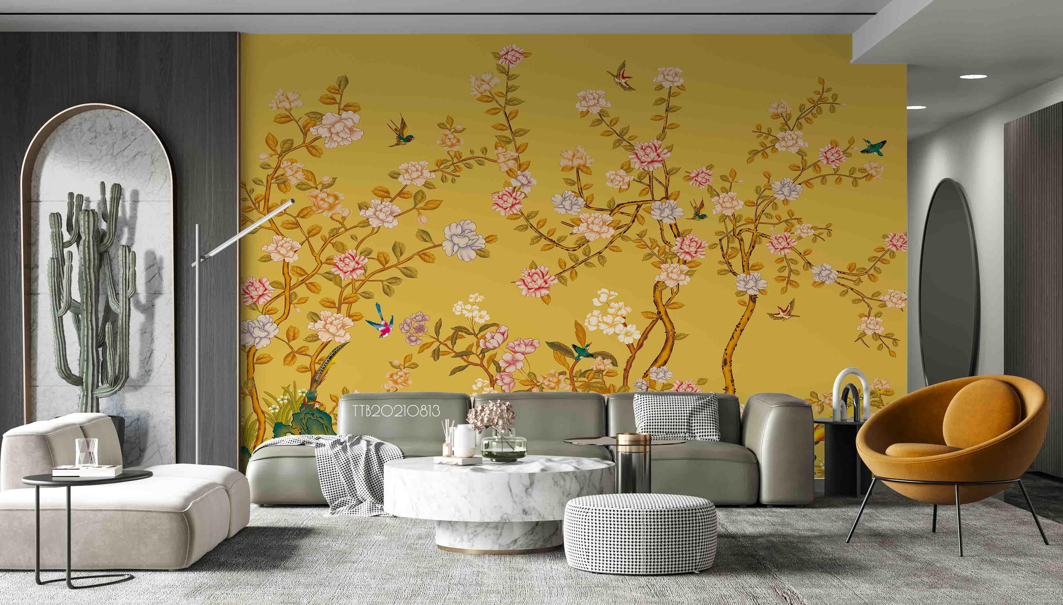 3D Chinese Style Golden Bloom Tree Birds Wall Mural Wallpaper 5107- Jess Art Decoration