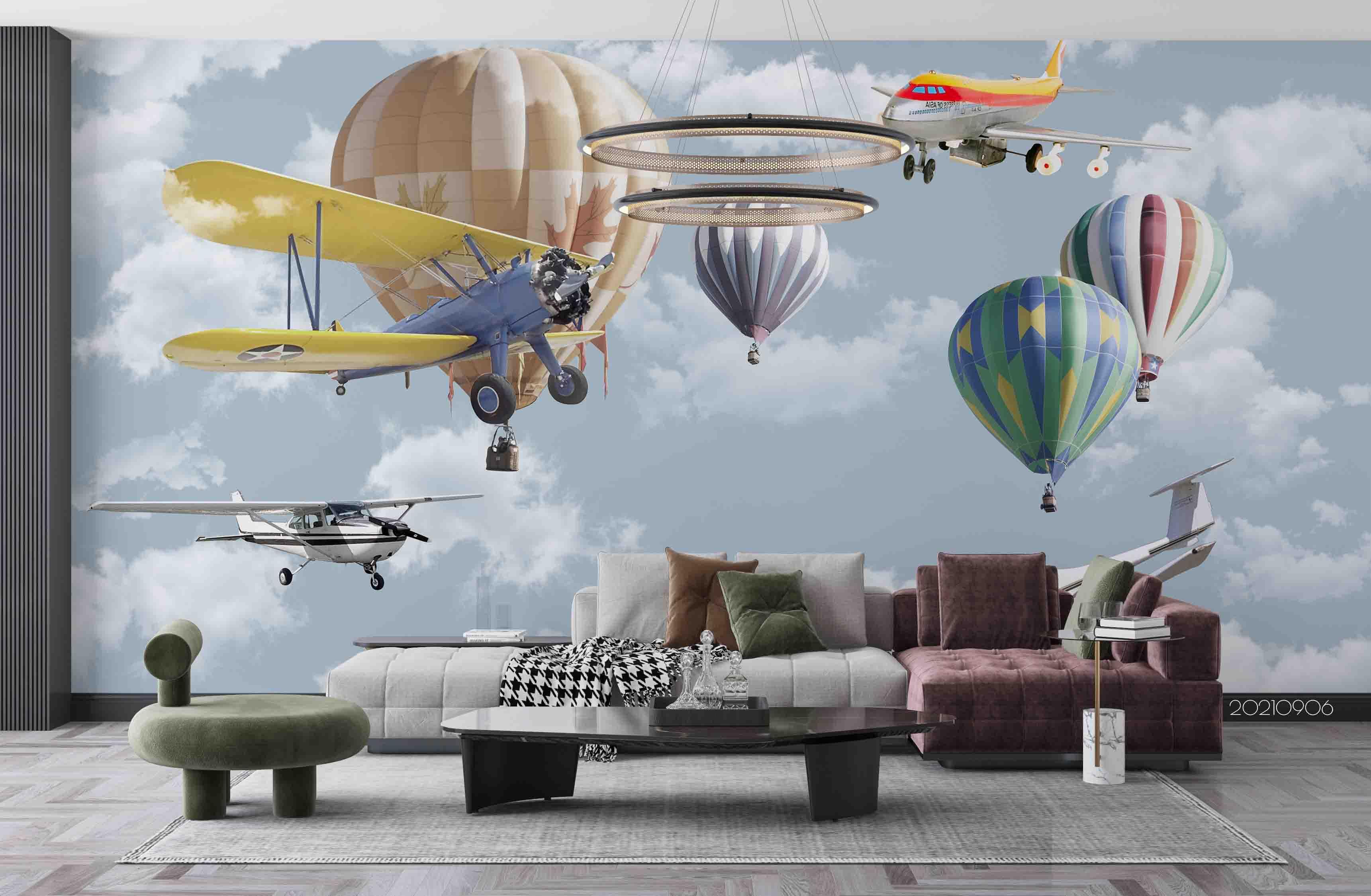 3D Airplane Balloon Sky airplane hot air balloon mural wall mural wallpaper for kids room