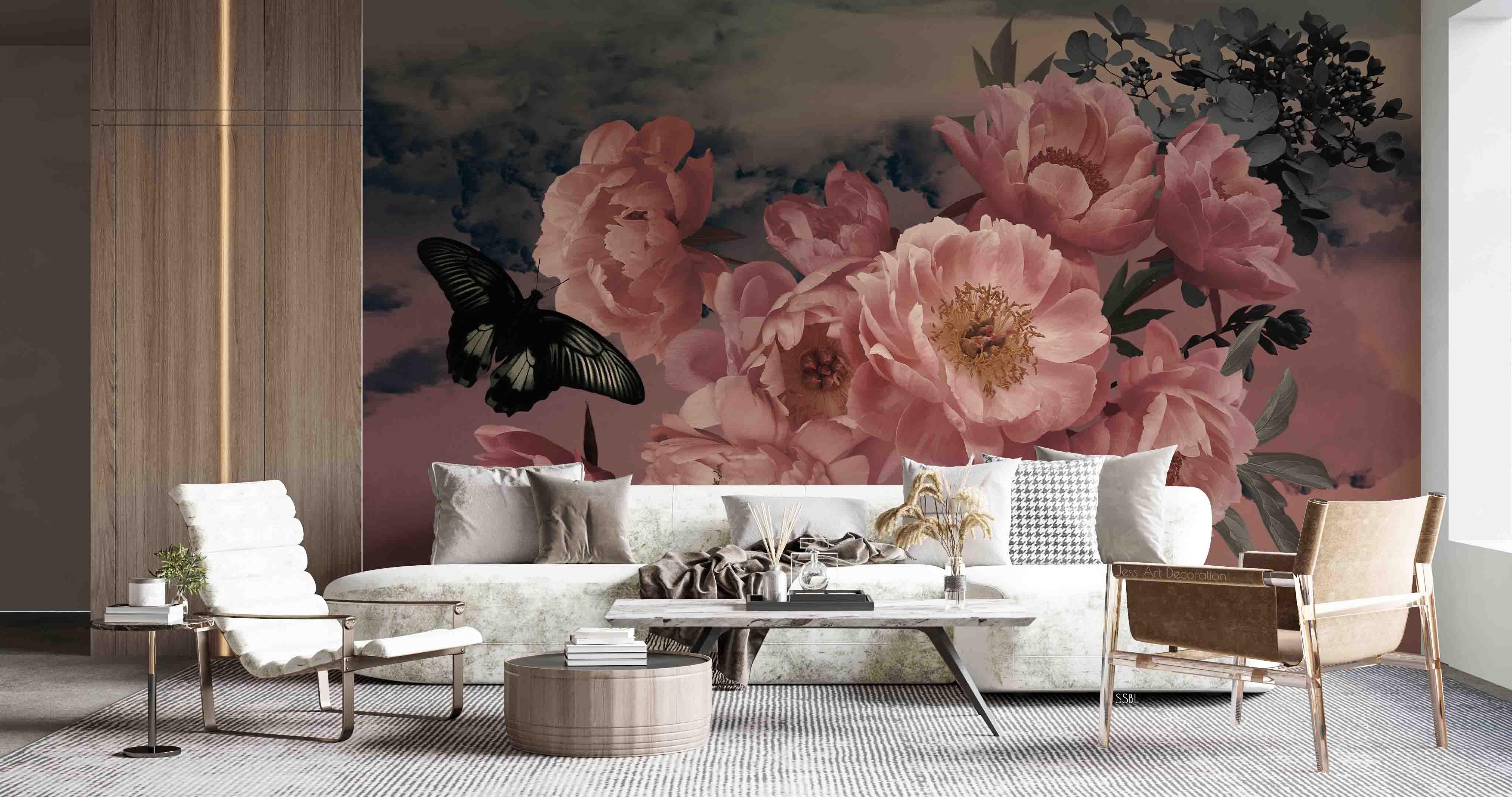 3D Vintage Baroque Art Blooming Pink Peony Black Butterfly Background Wall Mural Wallpaper GD 3566- Jess Art Decoration