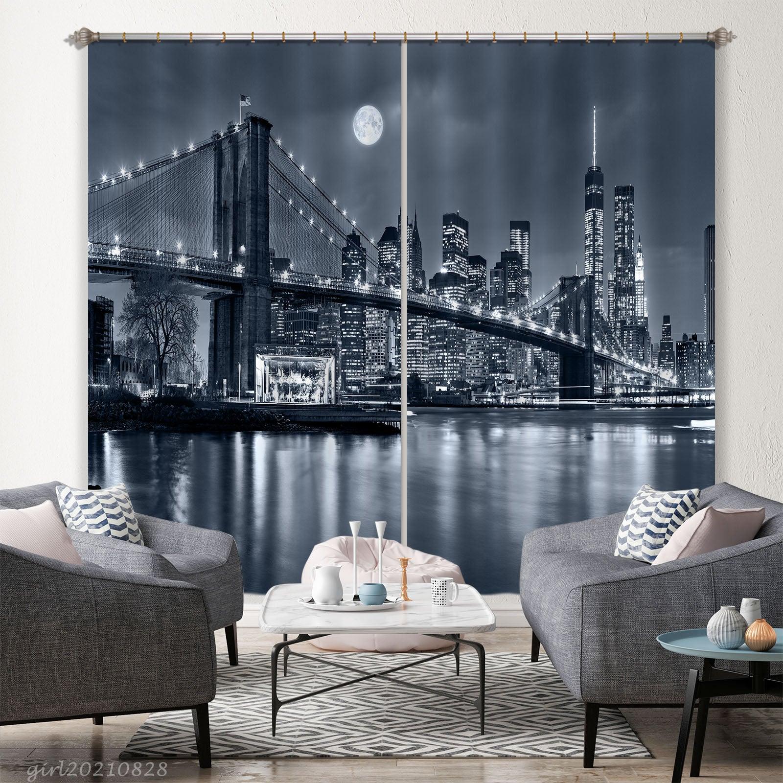 3D Night Sky Moon City Sea Bridge Landscape Curtains and Drapes LQH 70- Jess Art Decoration