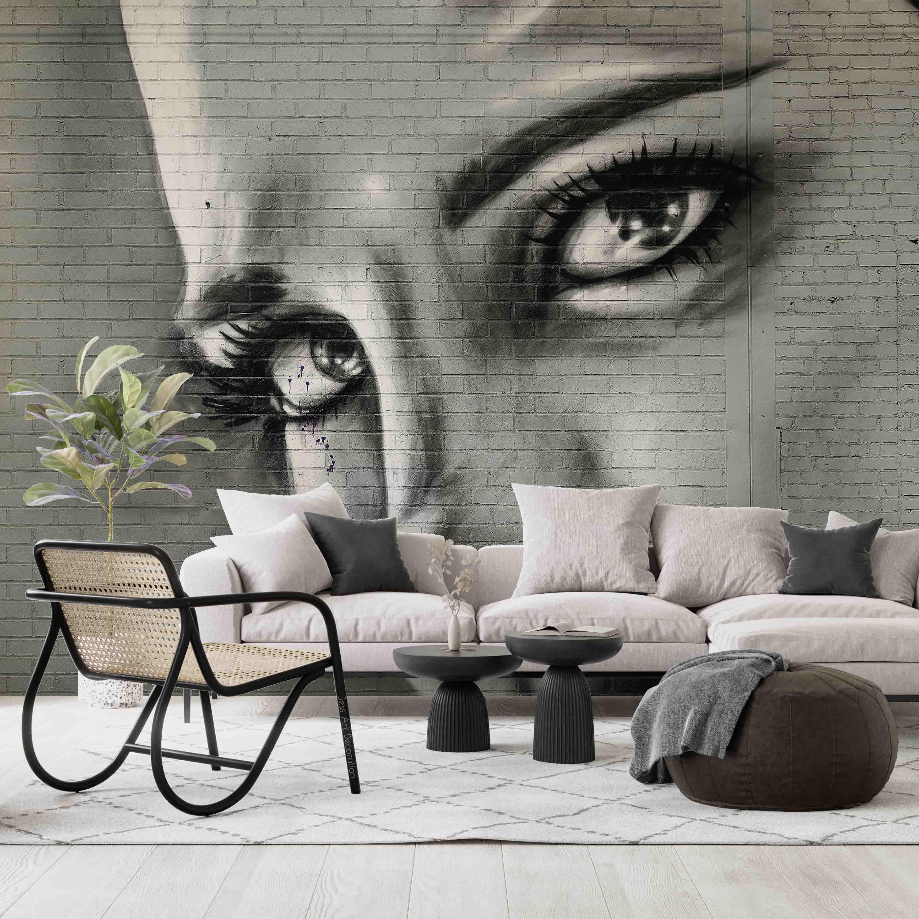 Graffiti Brick Wall Female Face Wallpaper portrait street art wall mural for bedroom or creative studio - view 3