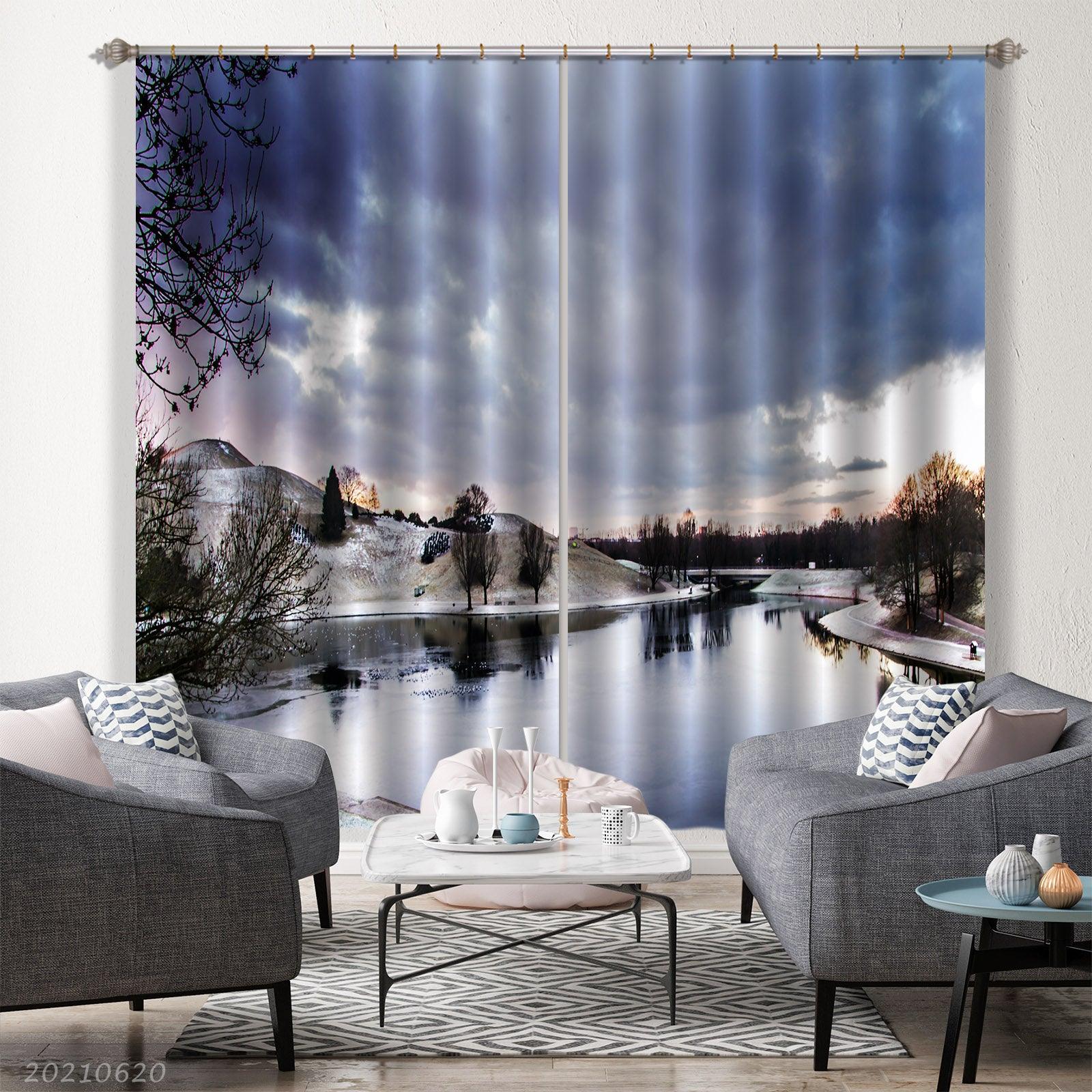 3D Winter River Hill Woods Scenery Curtains and Drapes GD 817- Jess Art Decoration