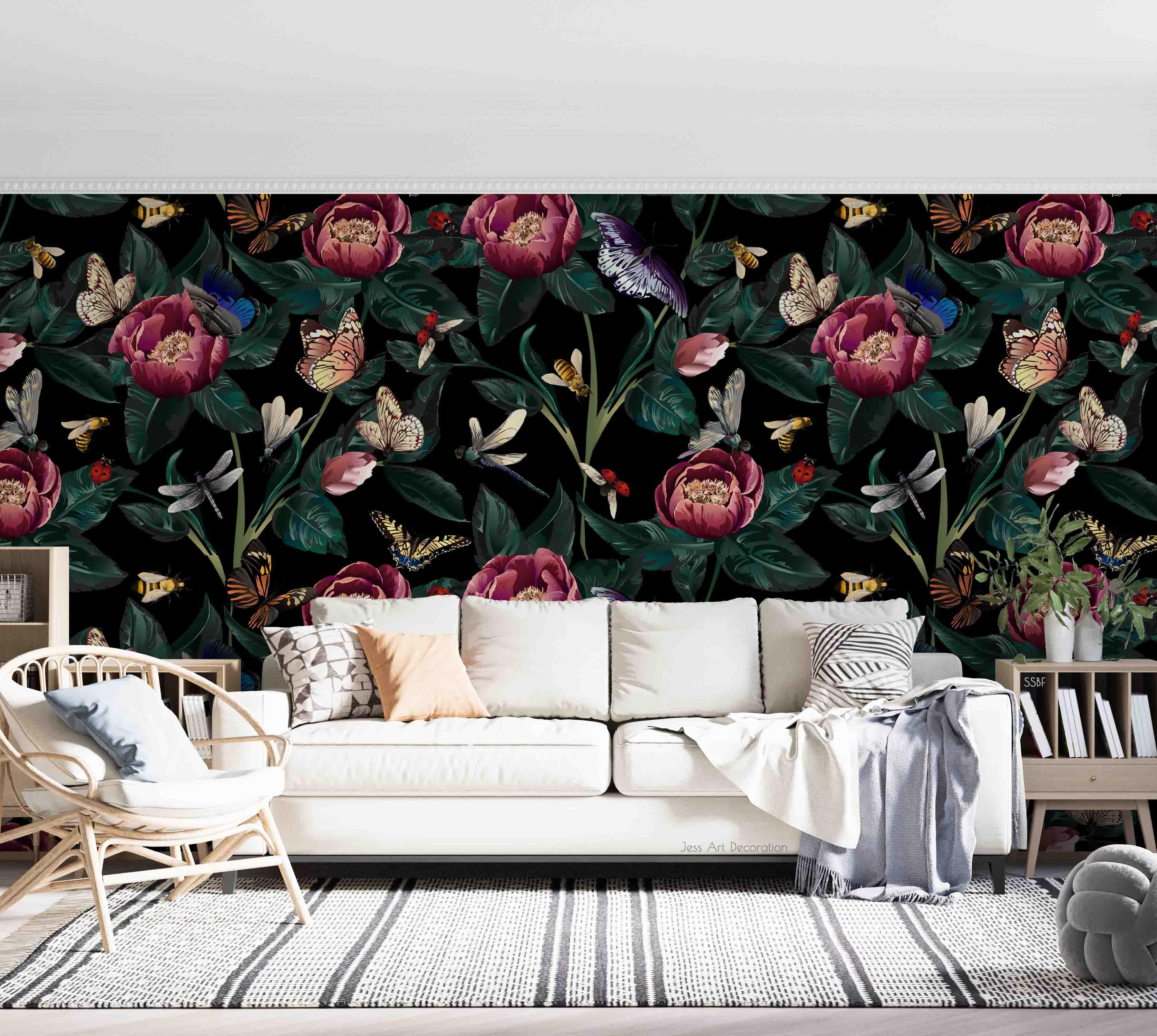 3D Vintage Blooming Red Flowers Leaf Butterfly Bee Wall Mural Wallpaper GD 3529- Jess Art Decoration