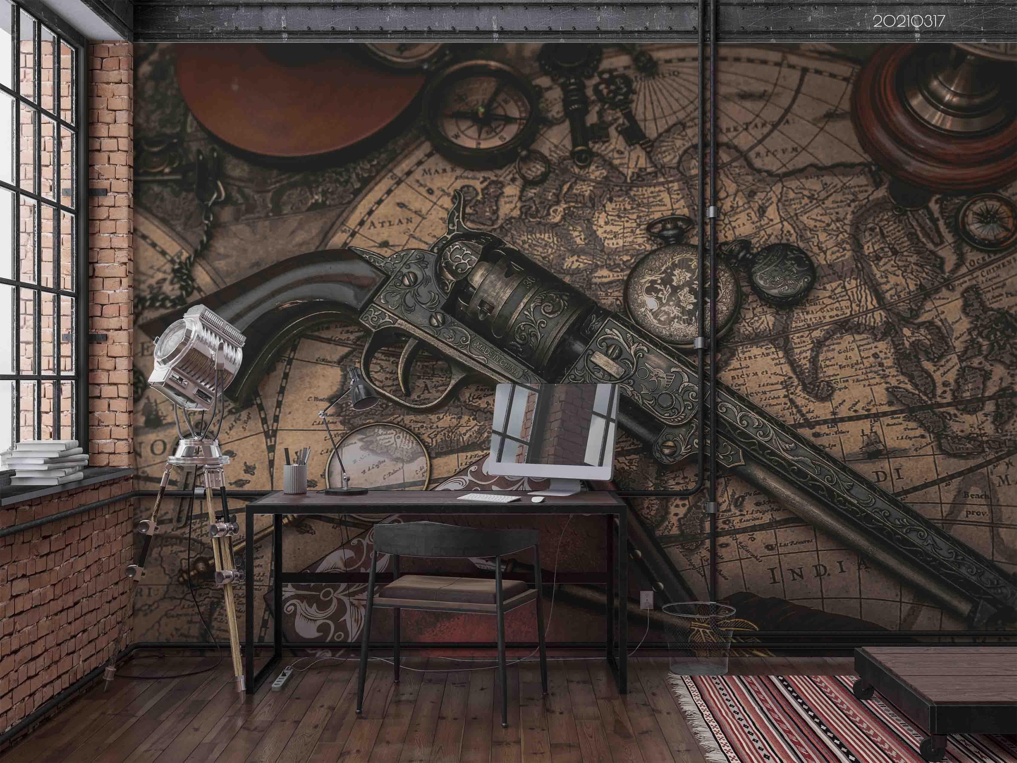 3D Map Pistol Pocket Watch Wall Mural Wallpaper LQH 429- Jess Art Decoration