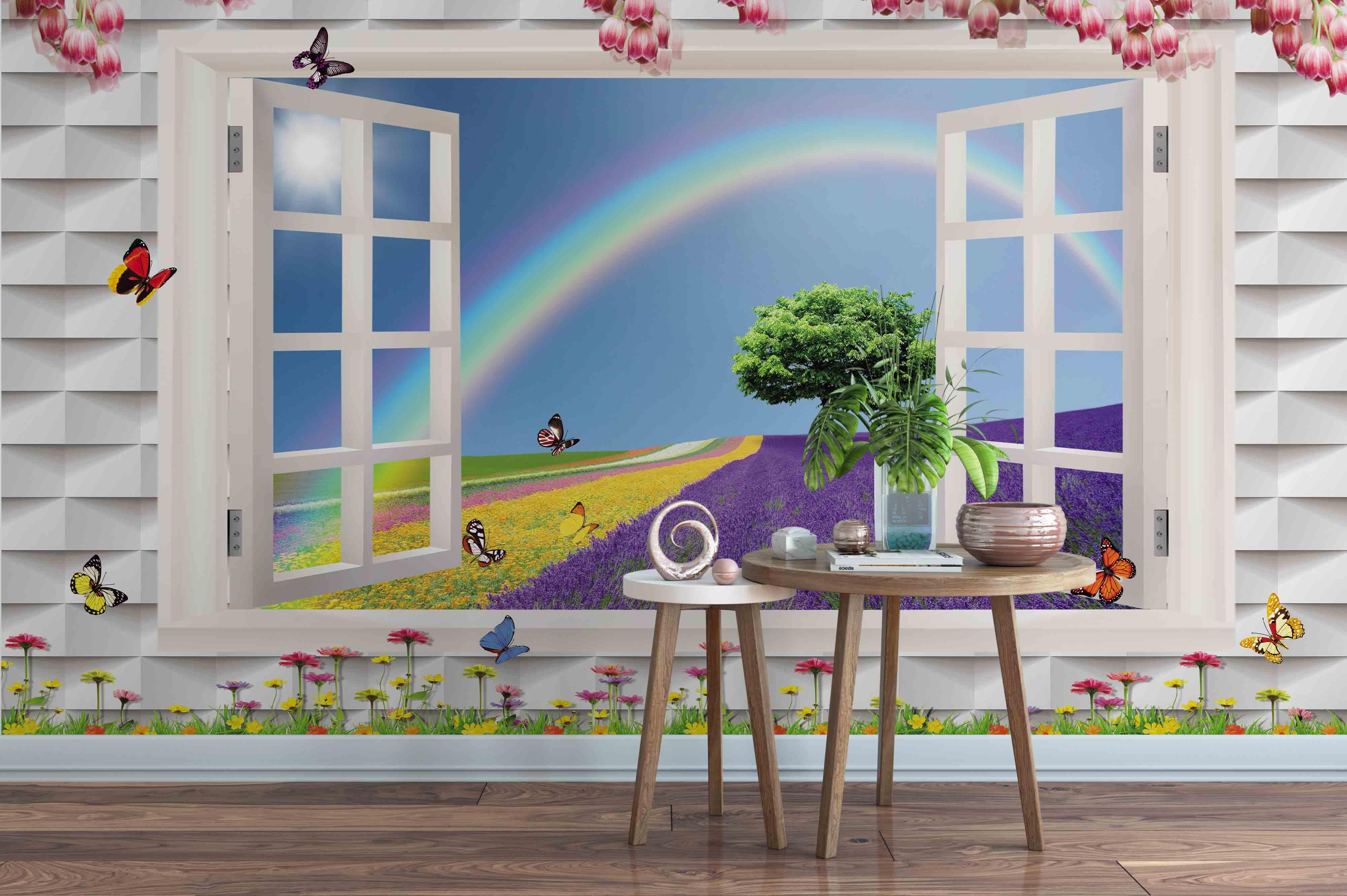 3D Window Ranbow Tree Sky Wall Mural Wallpaper 17- Jess Art Decoration