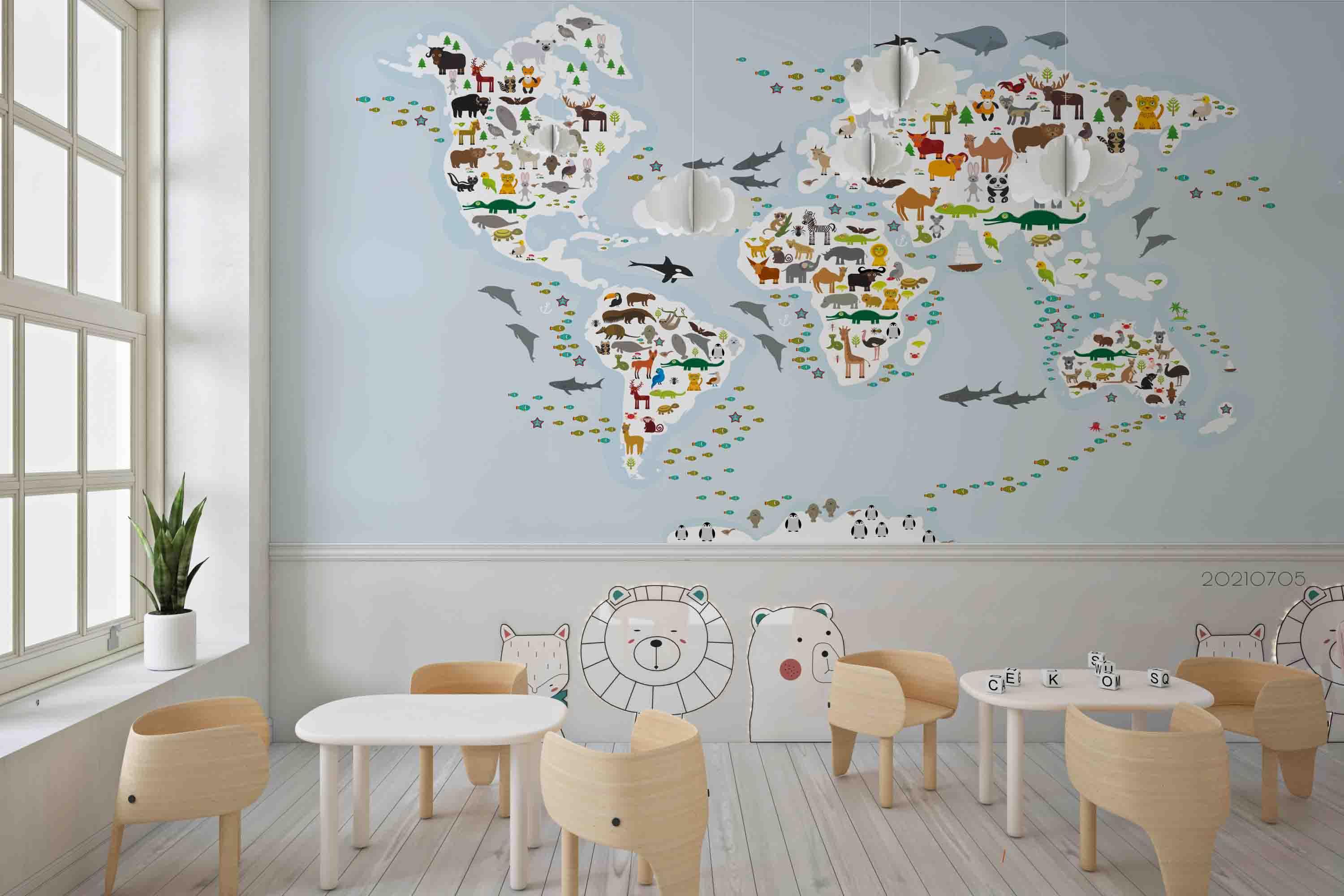 3D Cartoon World Map Animals Wall Mural Wallpaper LQH 92- Jess Art Decoration