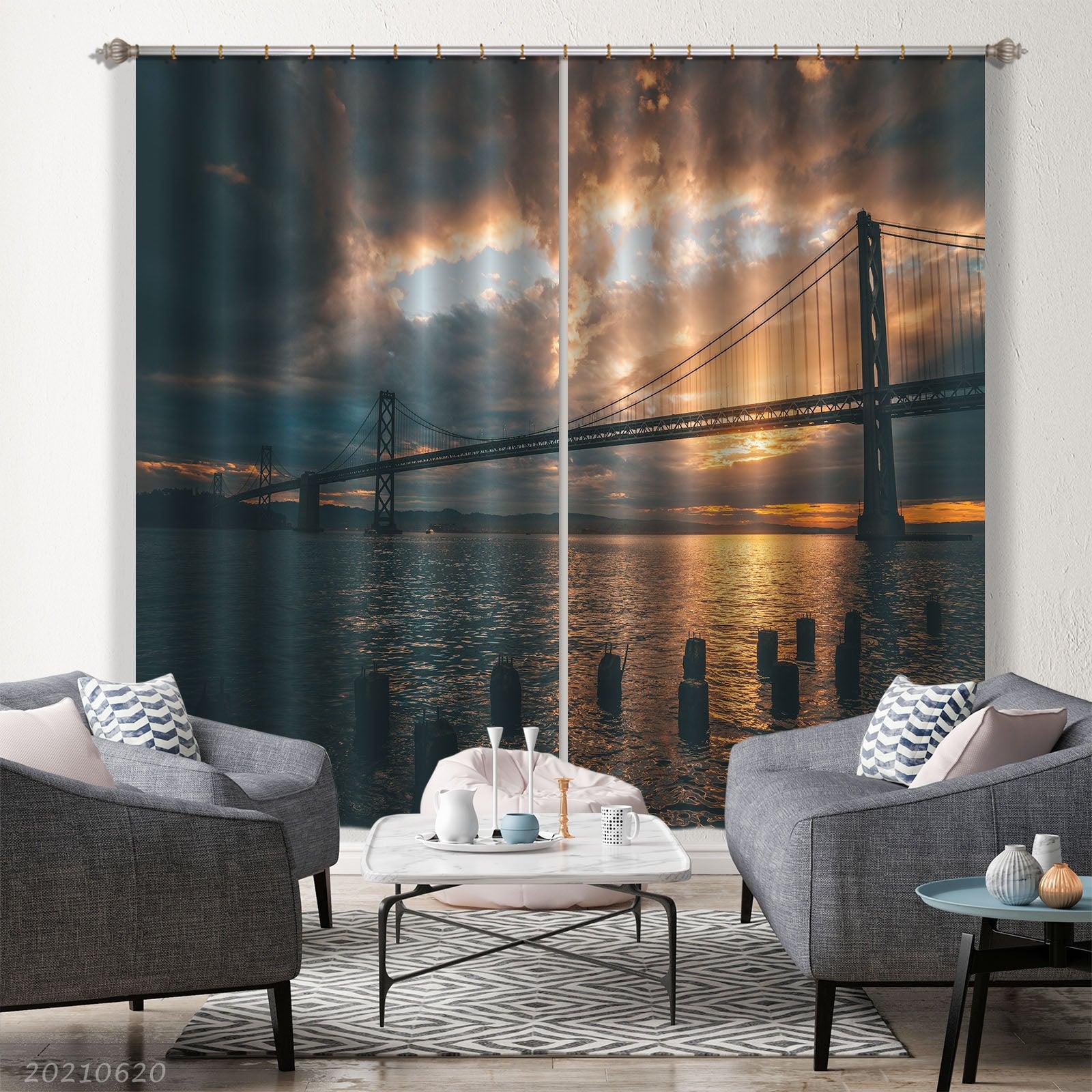 3D Bridge Sea Sunrise Dark Cloud Curtains and Drapes GD 790- Jess Art Decoration