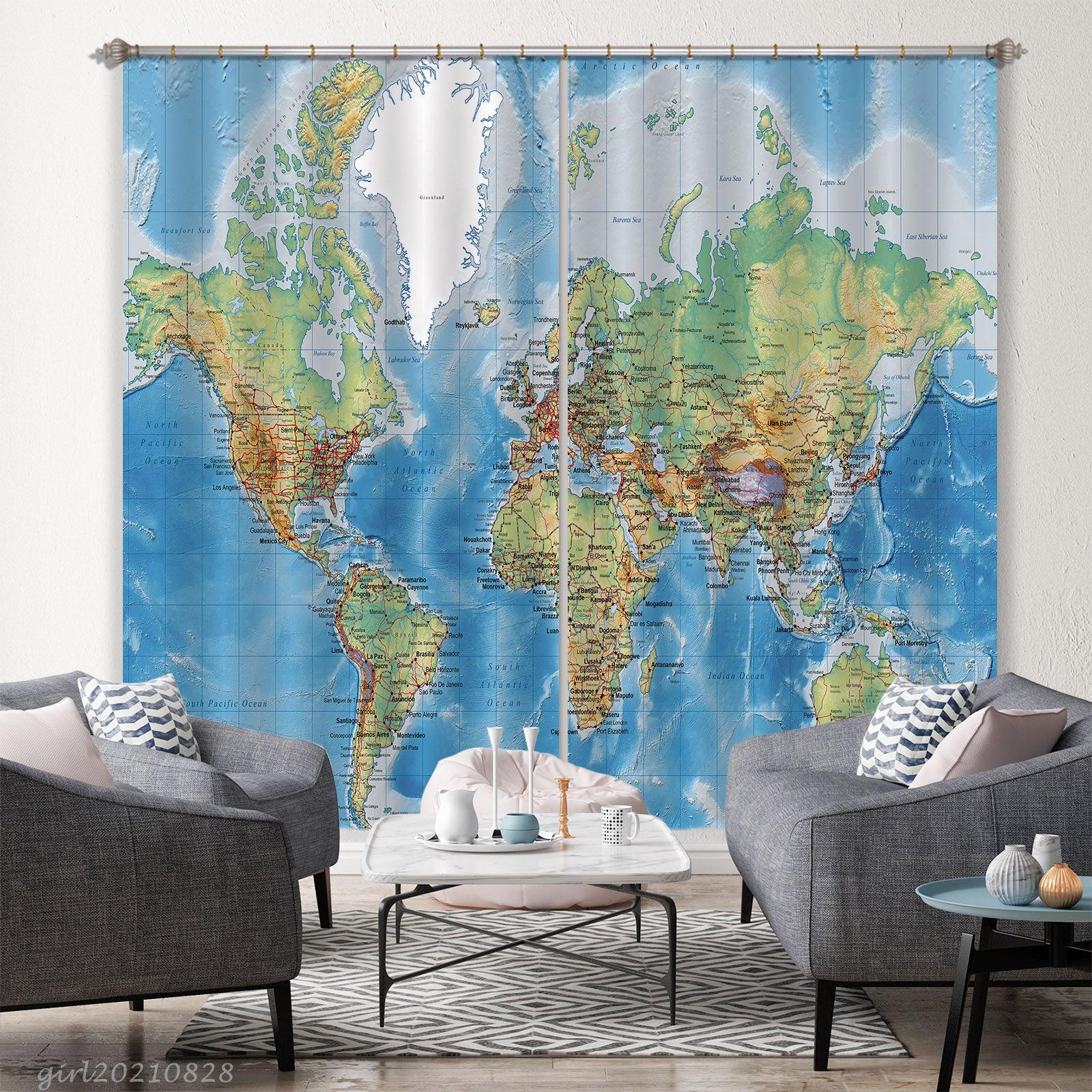 3D Blue World Map Curtains and Drapes LQH 89- Jess Art Decoration