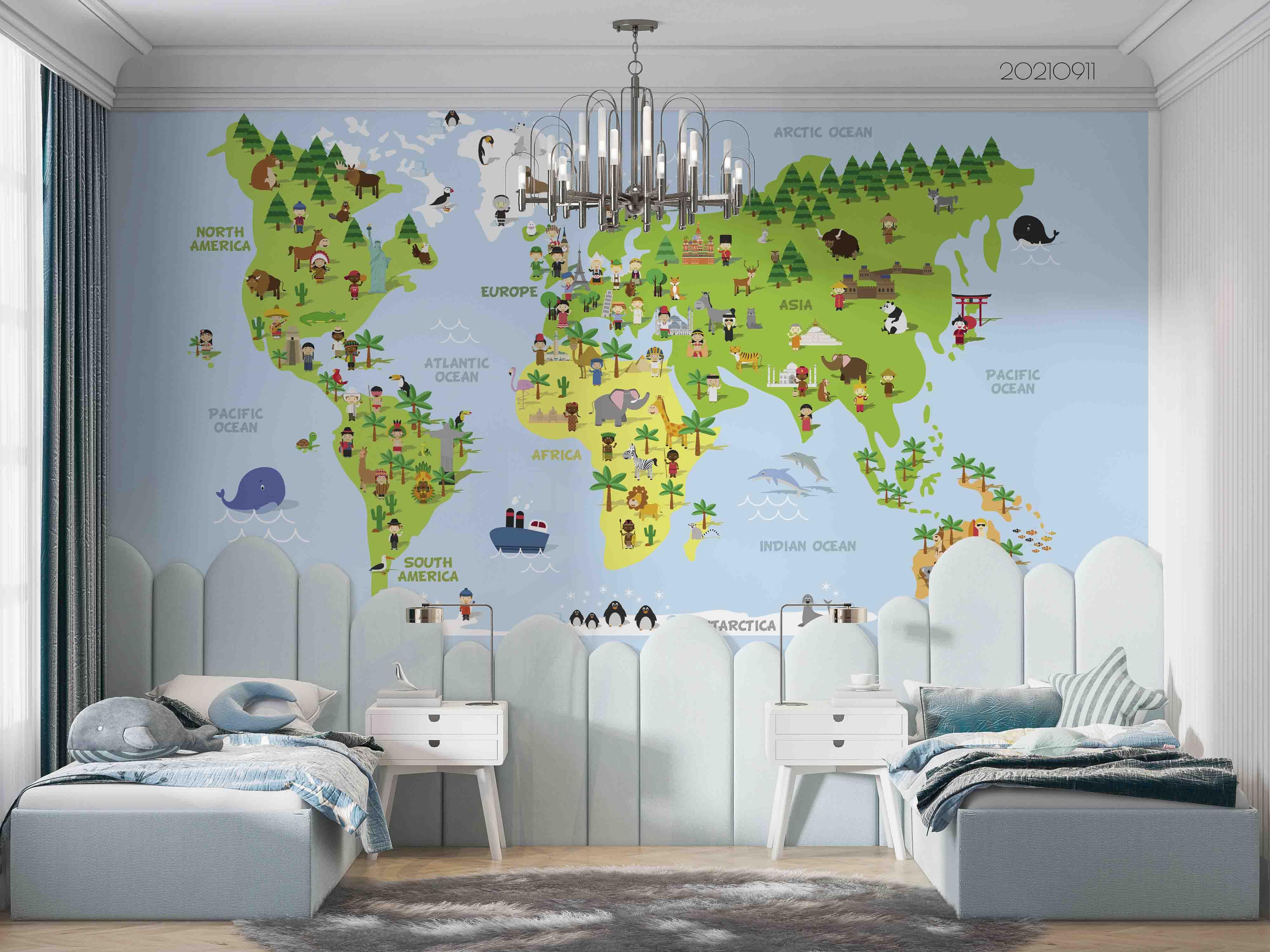 3D World Map Green Kids Wall Mural Wallpaper LQH 815- Jess Art Decoration