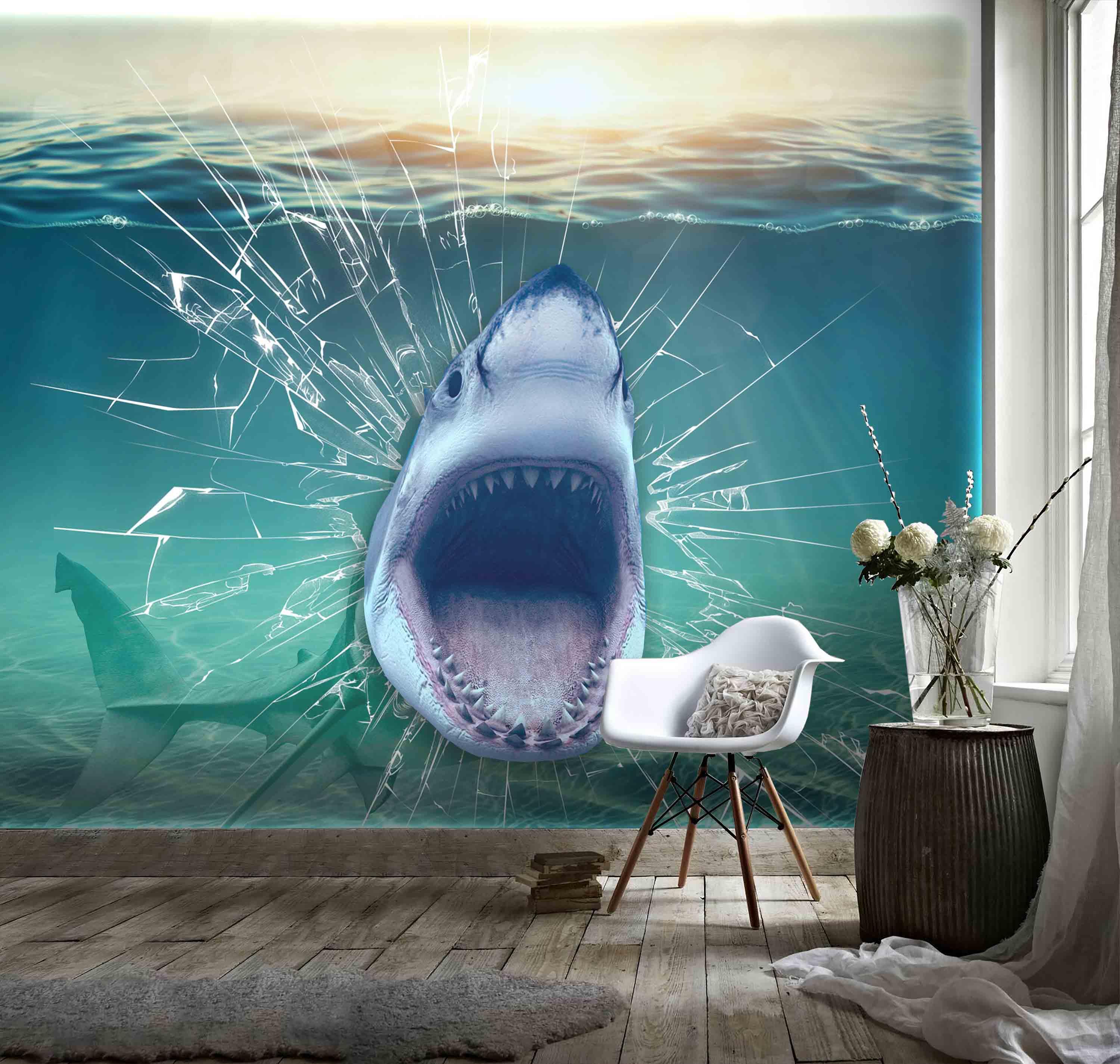 3D Blue Sea Shark Wall Mural Wallpaper 106- Jess Art Decoration