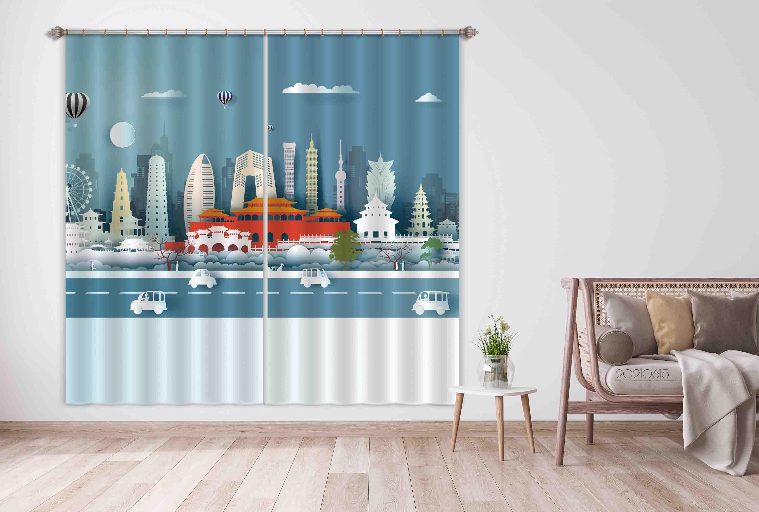 3D Abstract Building Temple Road Car Hot Air Balloon Curtains and Drapes LLL 435- Jess Art Decoration
