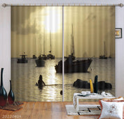 3D Ocean Sunrise Golden Sunbeam Fishing Boat Curtains and Drapes GD 4068- Jess Art Decoration