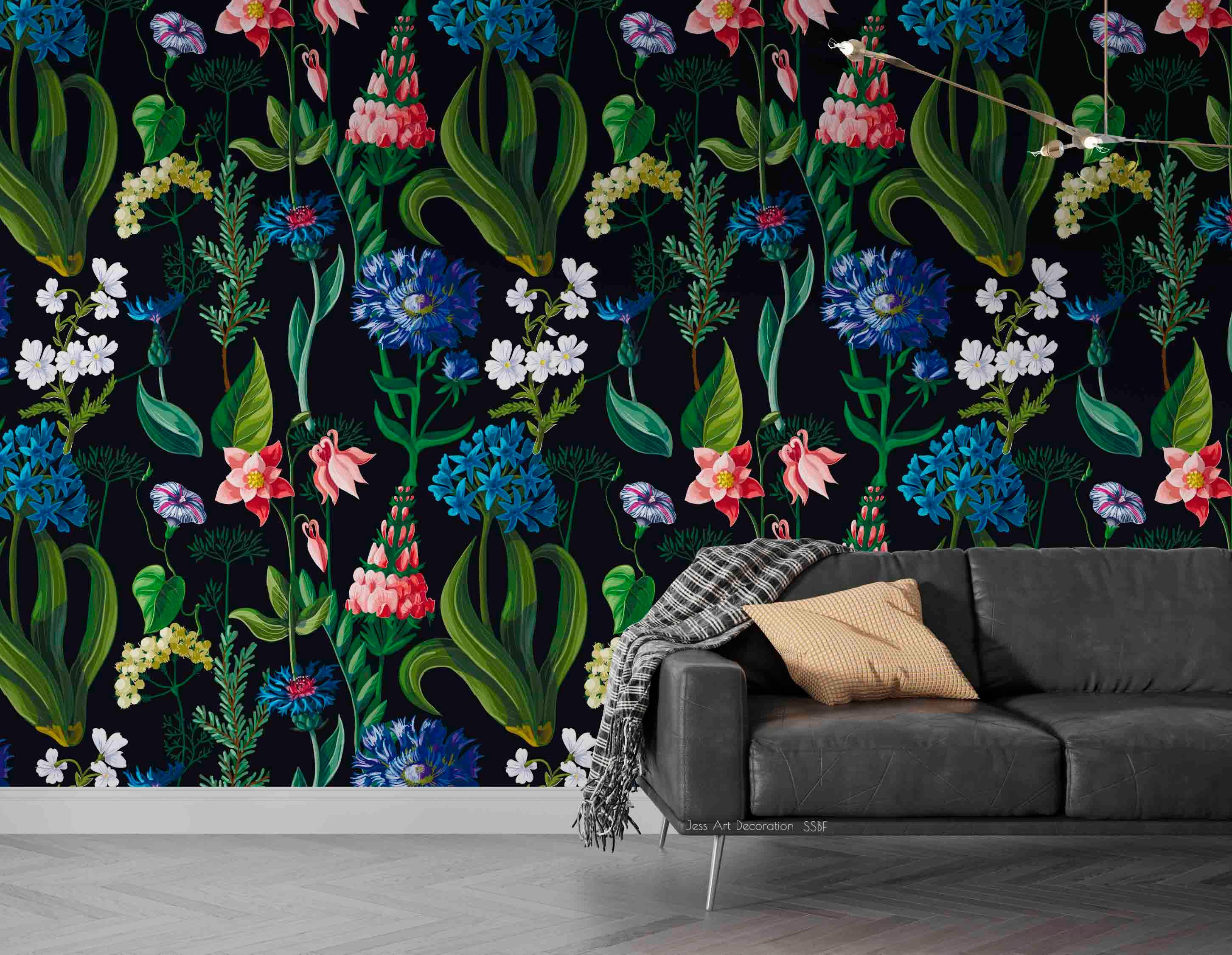3D Vintage Plants Leaves Blue Pink Flowers Wall Mural Wallpaper GD 3604- Jess Art Decoration