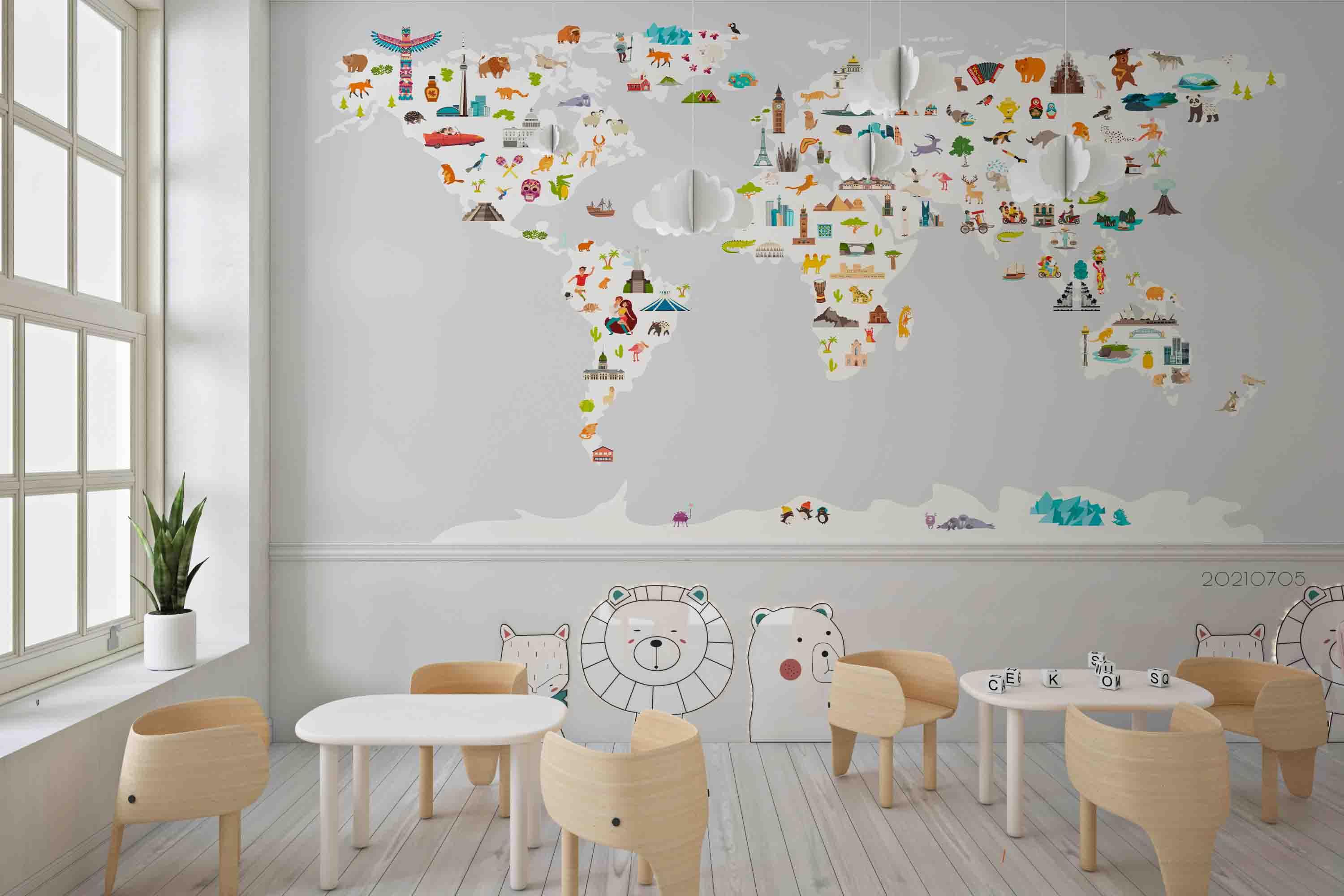 3D Cartoon World Map Wall Mural Wallpaper LQH 113- Jess Art Decoration