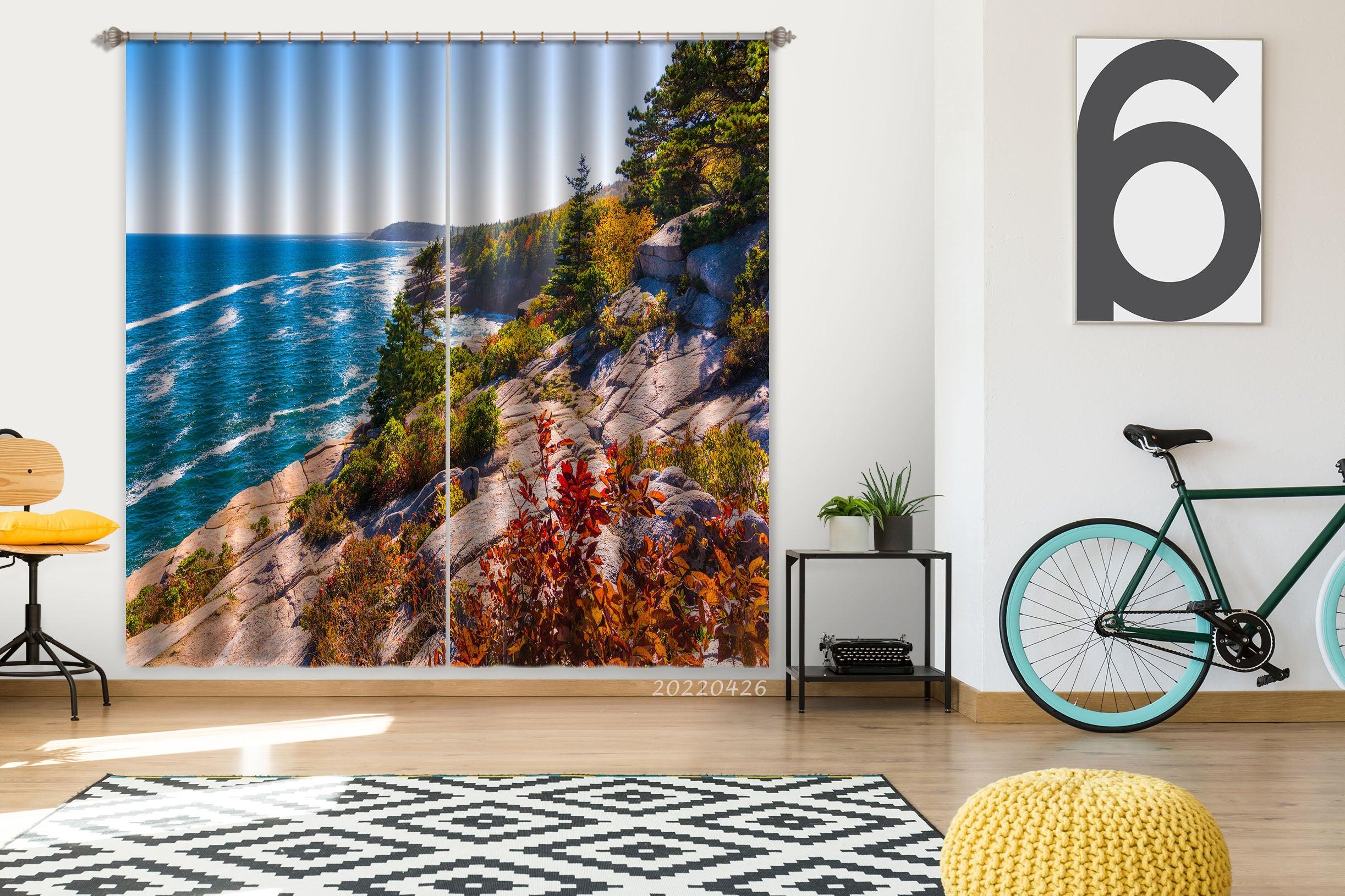 3D Landscape Mountain Rock Woods Blue Sea Curtains and Drapes GD 4903- Jess Art Decoration