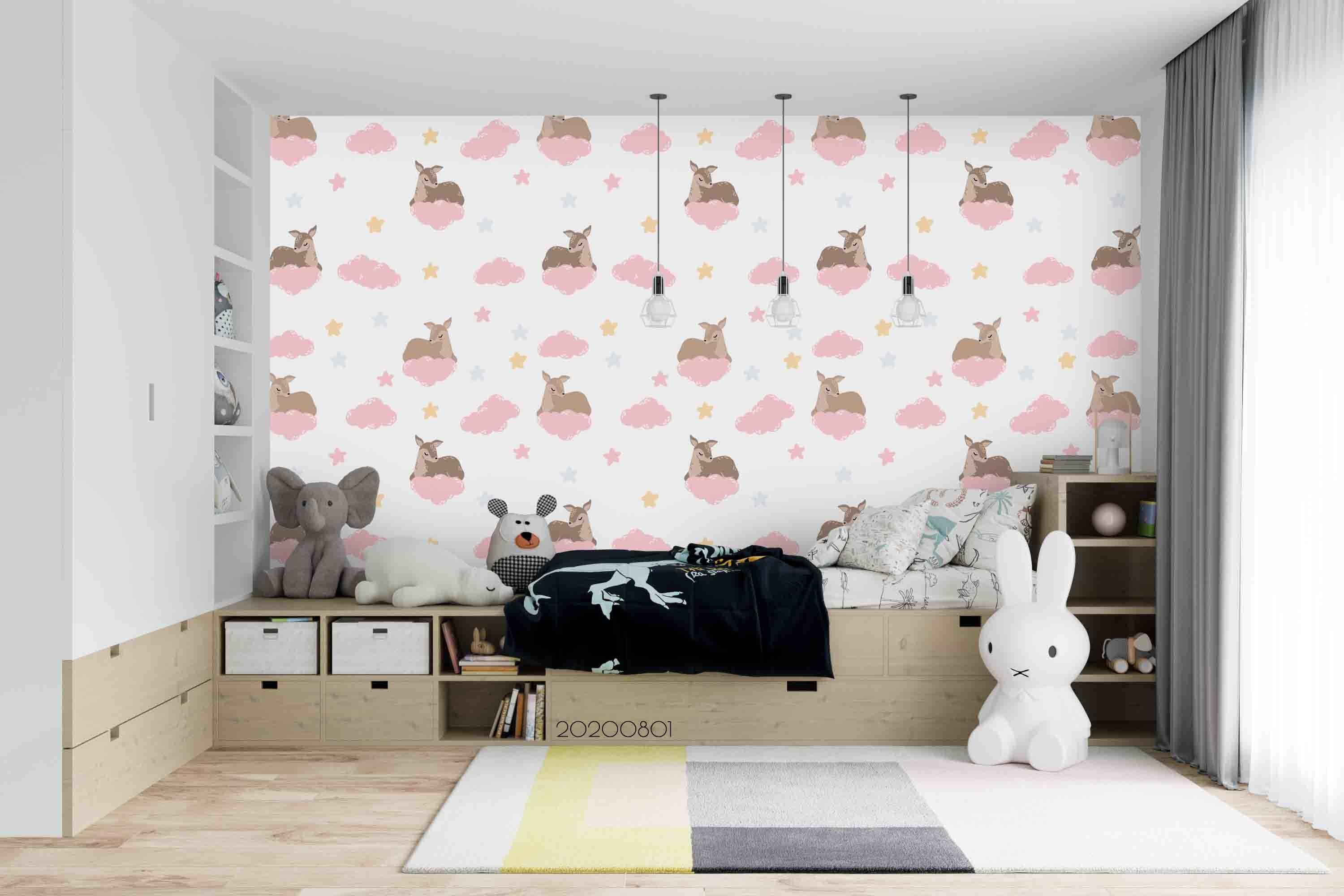 3D Pink Clouds Star Deer Wall Mural Wallpaper SF 23- Jess Art Decoration