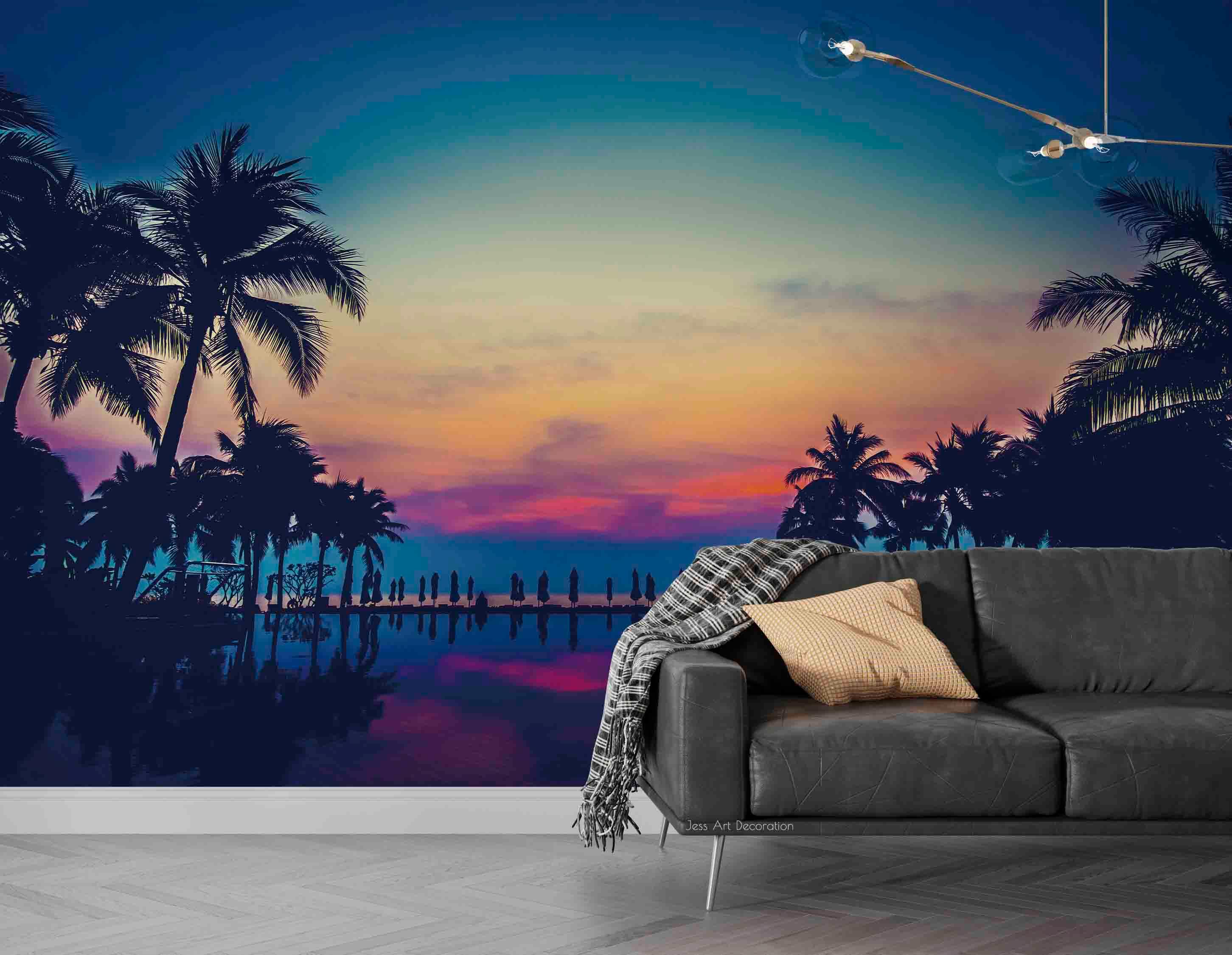 3D Coconut Tree Water Surface Red Sky Landscape Wall Mural Wallpaper GD 2954- Jess Art Decoration