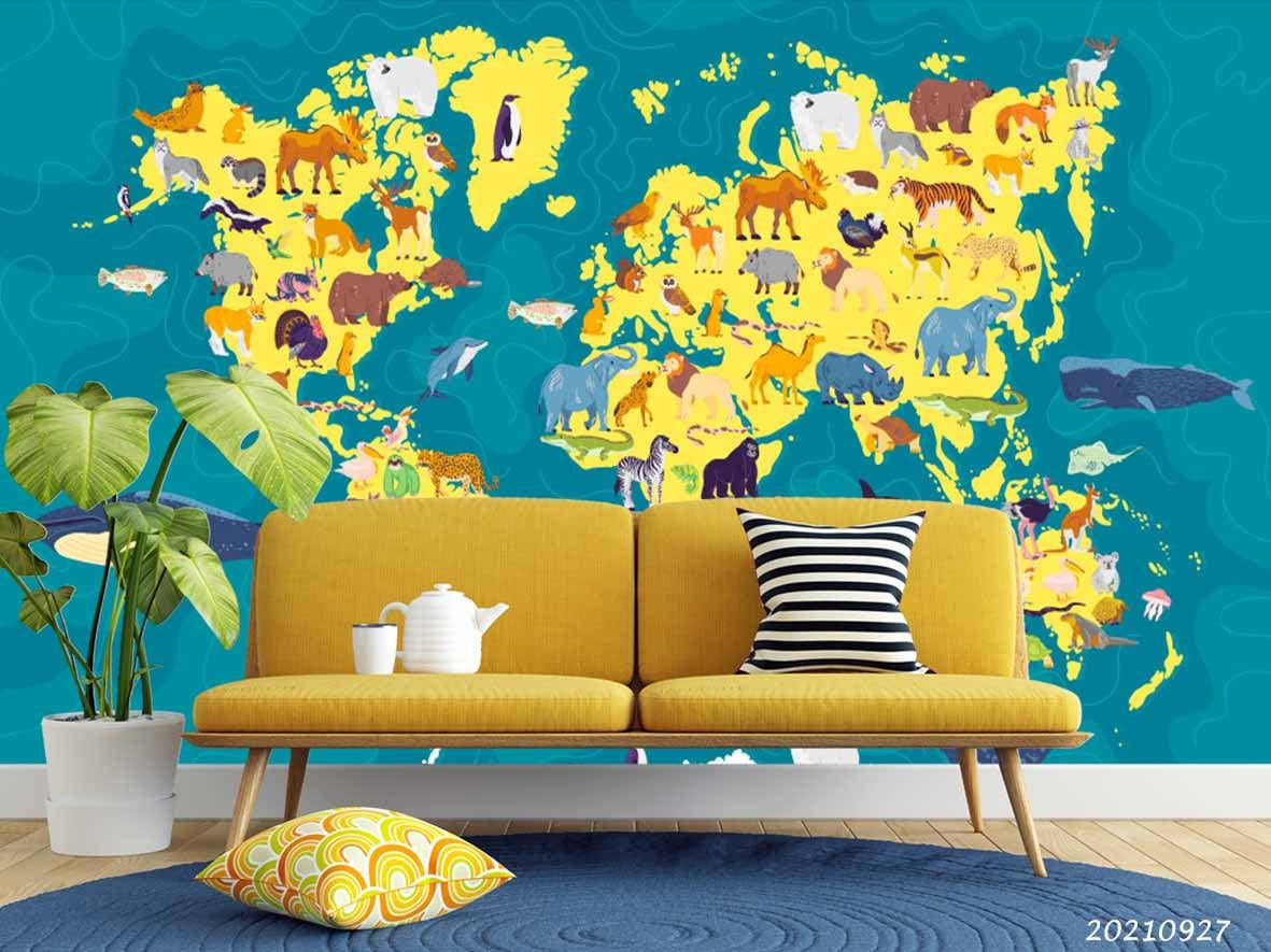 3D Blue World Map Kids Wall Mural Wallpaper LQH 170- Jess Art Decoration