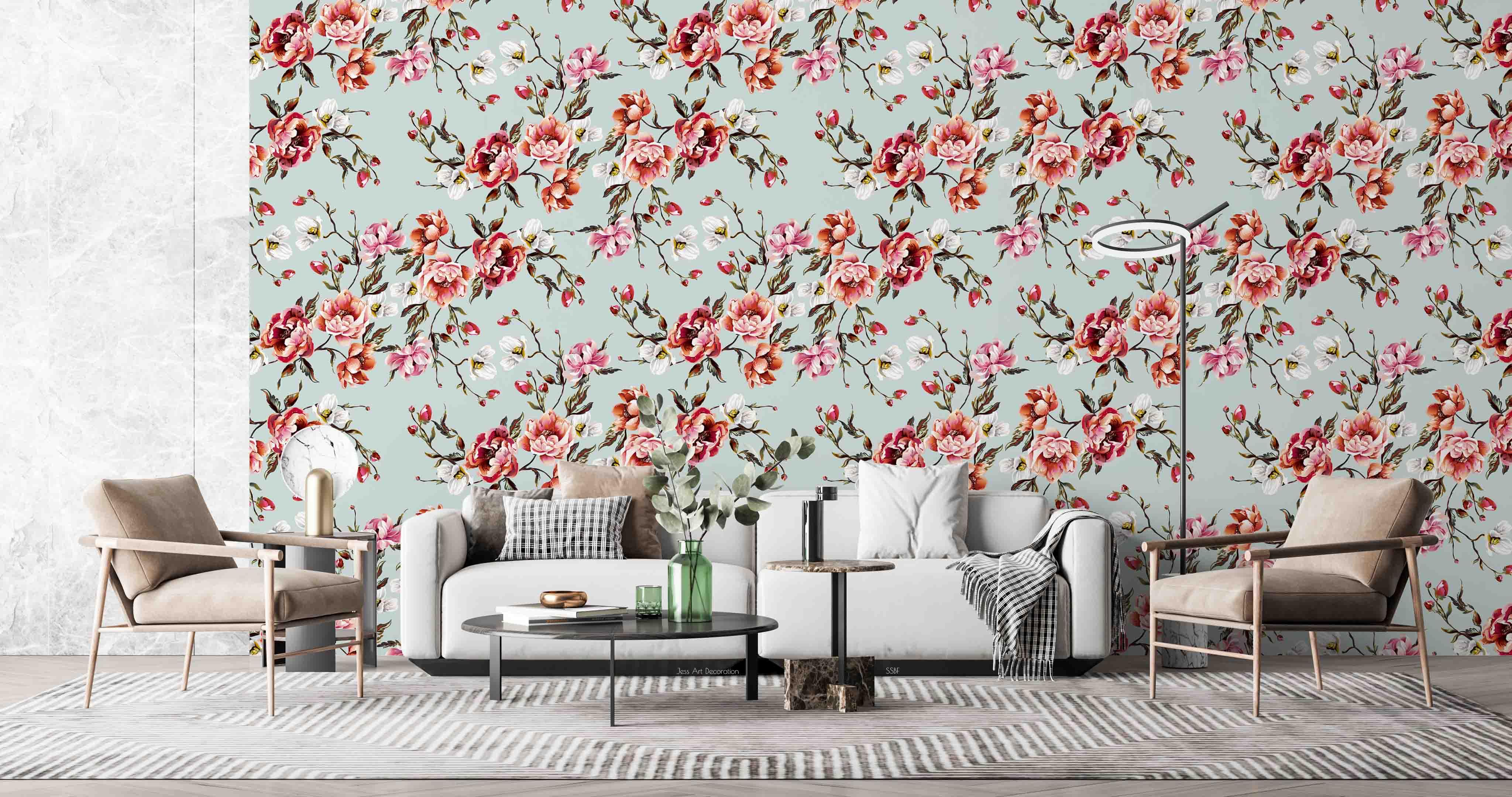 3D Vintage Baroque Art Blooming Pink Peony Blue Background Wall Mural Wallpaper GD 3574- Jess Art Decoration