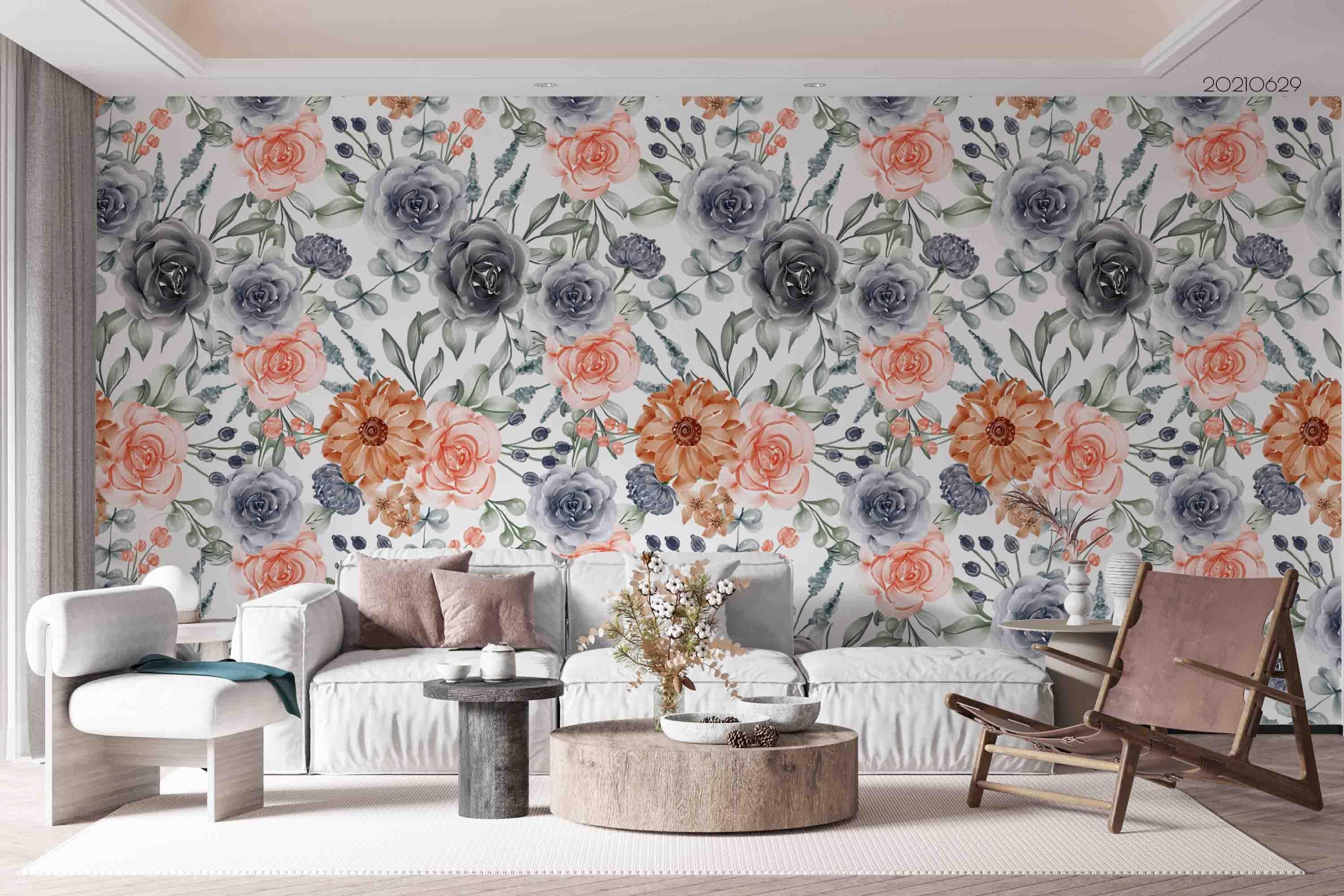 3D Watercolor Pink Grey Rose Floral Wall Mural Wallpaper LQH 75- Jess Art Decoration