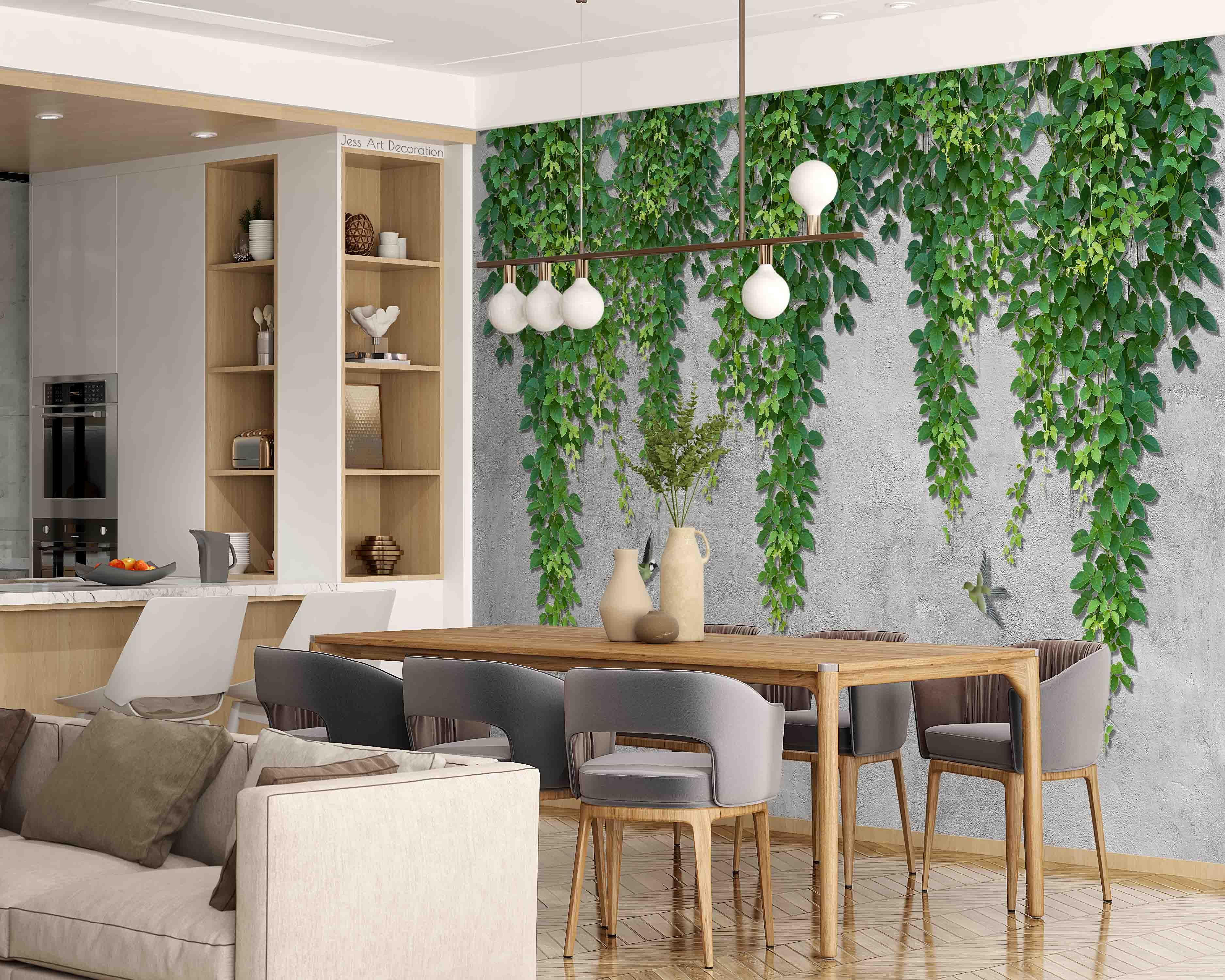 3D Cement Wall Green Leaf Rattan Wall Mural Wallpaper GD 2986- Jess Art Decoration