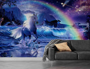 3D Fantasy Blue Stars Horse Rainbow Mountain Wave Wall Mural Wallpaper GD 3006- Jess Art Decoration