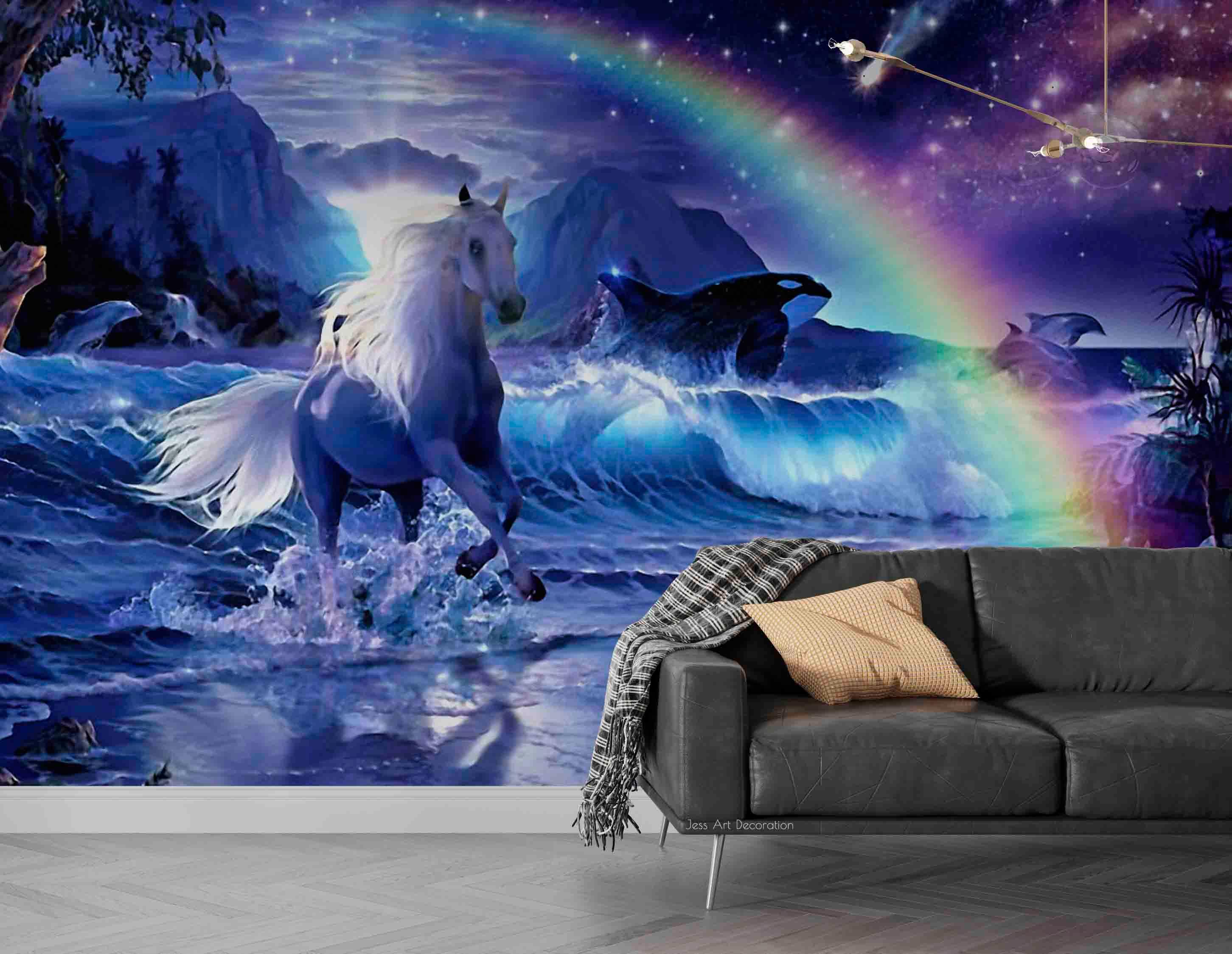 3D Fantasy Blue Stars Horse Rainbow Mountain Wave Wall Mural Wallpaper GD 3006- Jess Art Decoration