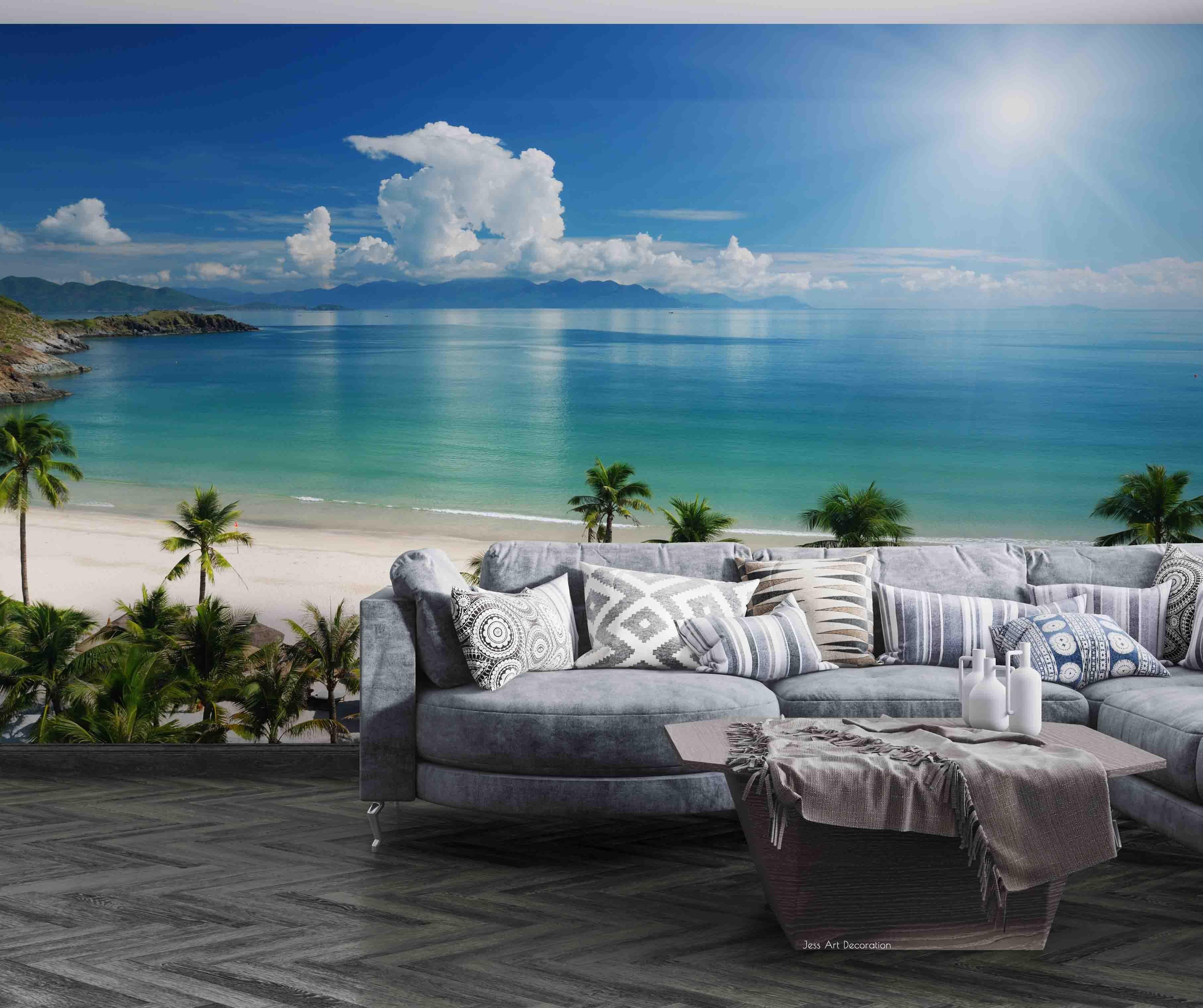 3D Sunshine Sky White Cloud Sea Mountain Coconut Palm Tree Beach Wall Mural Wallpaper GD 2410- Jess Art Decoration